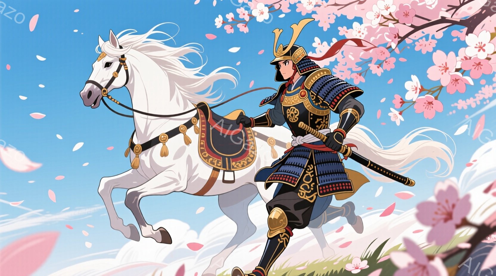 白い馬に乗った武者が描かれています。青い鎧と赤い装飾が特徴で、兜を被り、凛々しい表情をしています。背景には桜の花びらが舞い散り、青空が広がっており、春の穏やかな気候と武者の力強さが対比されています。