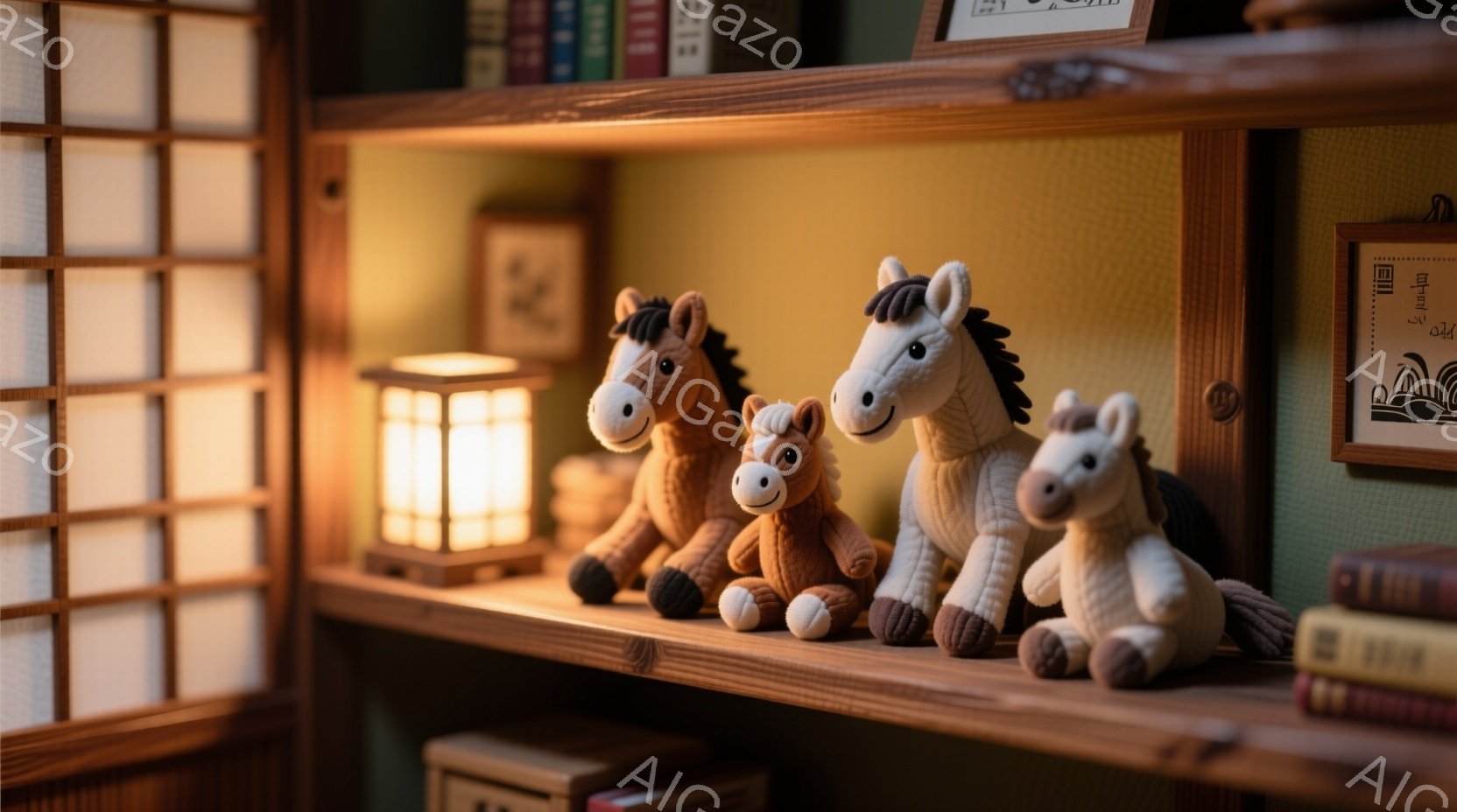 浅緑色の壁を背景に、木製の棚に毛糸で作られた馬のぬいぐるみ３体が並んでいます。一番大きな馬は茶色、その隣は薄茶色、一番小さい馬は白で、それぞれ穏やかな表情をしています。棚には古書や提灯が置かれ、温かみのある光が全体を照らし、懐かしい雰囲気を醸し出しています。