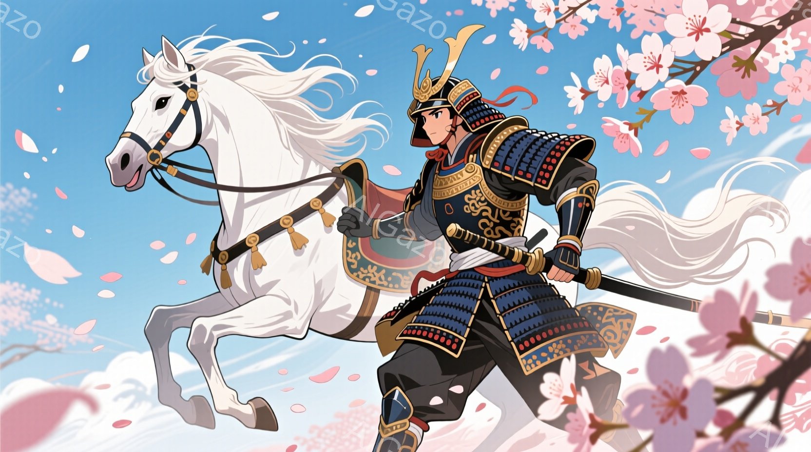 鎧兜を身に着けた武者が、白い馬に乗り、力強く疾走している。桜の花びらが舞い散る青空の下、武者は凛々しい表情でまっすぐ前を見据え、その姿は勇ましい雰囲気を漂わせている。背景には桜の枝が描かれ、春の訪れを感じさせる美しい情景が広がっている。