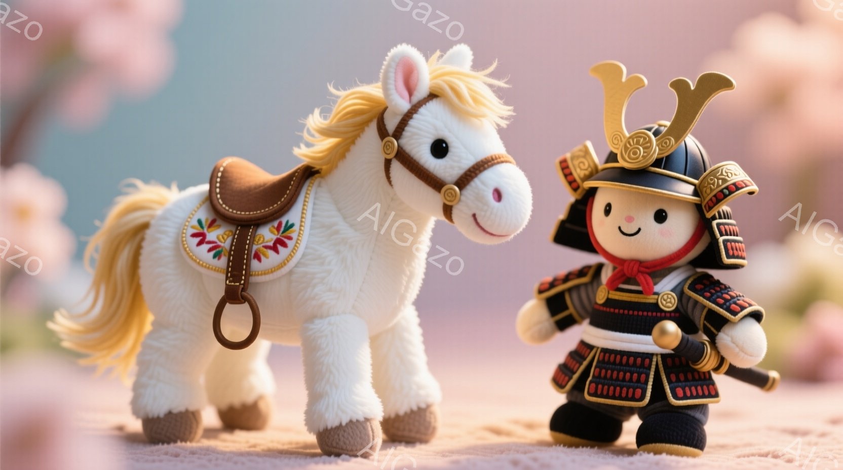 白い毛並みのぬいぐるみ馬と、甲冑（かっちゅう）を身に着けた武者人形が並んで立っています。武者人形は黒い甲冑に赤い紐飾り、金色の角兜（かぶと）をつけ、凛々しい表情をしています。背景はぼんやりとしたピンク色で、春の桜並木のようであり、全体的に暖かく、可愛らしい雰囲気です。
