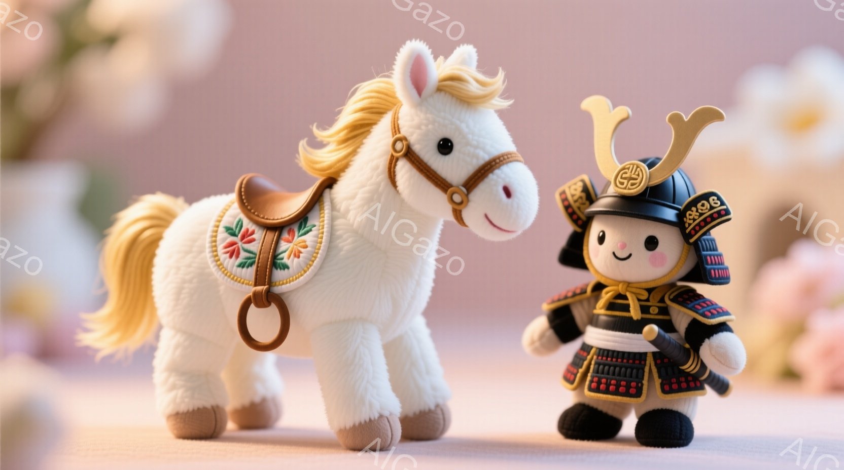 白い毛並みのぬいぐるみ馬と、甲冑を身につけた武者人形が並んでいます。馬は飾り立てられた鞍を背に、穏やかな表情でこちらを見つめており、武者人形は小さな刀を手に、凛々しい姿勢で立っています。背景は淡いピン - AI生成フリー素材