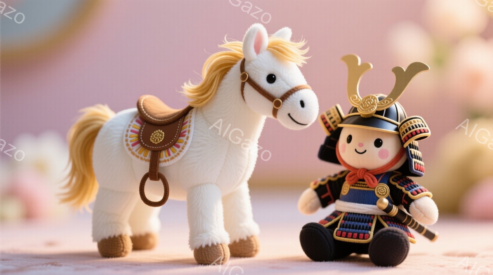 白い馬と武者人形が並んで立っています。馬は金色のたてがみと尻尾を持ち、鞍を背負っています。武者人形は青い鎧と兜を身につけ、真剣を手に、凛々しい表情をしています。