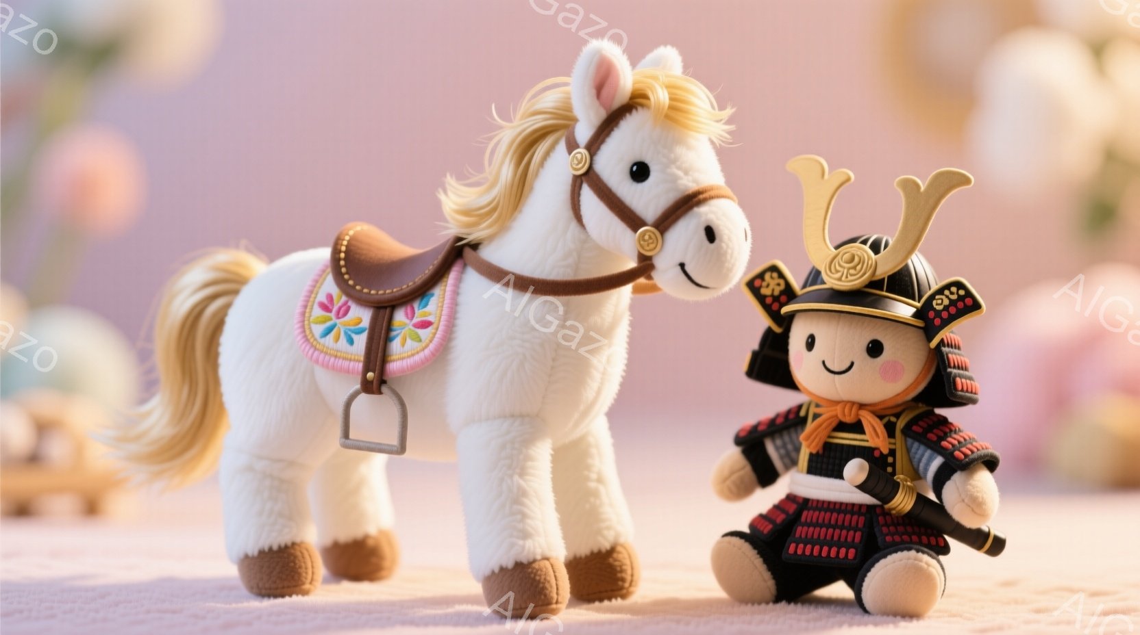 白い毛並みのぬいぐるみ馬と、侍の鎧をまとった可愛らしい人形が並んで立っています。人形は橙色の襷と黒い鎧を身につけ、手に剣を持って凛々しい表情をしています。背景は淡いピンク色で、全体的に柔らかく温かい雰囲気です。