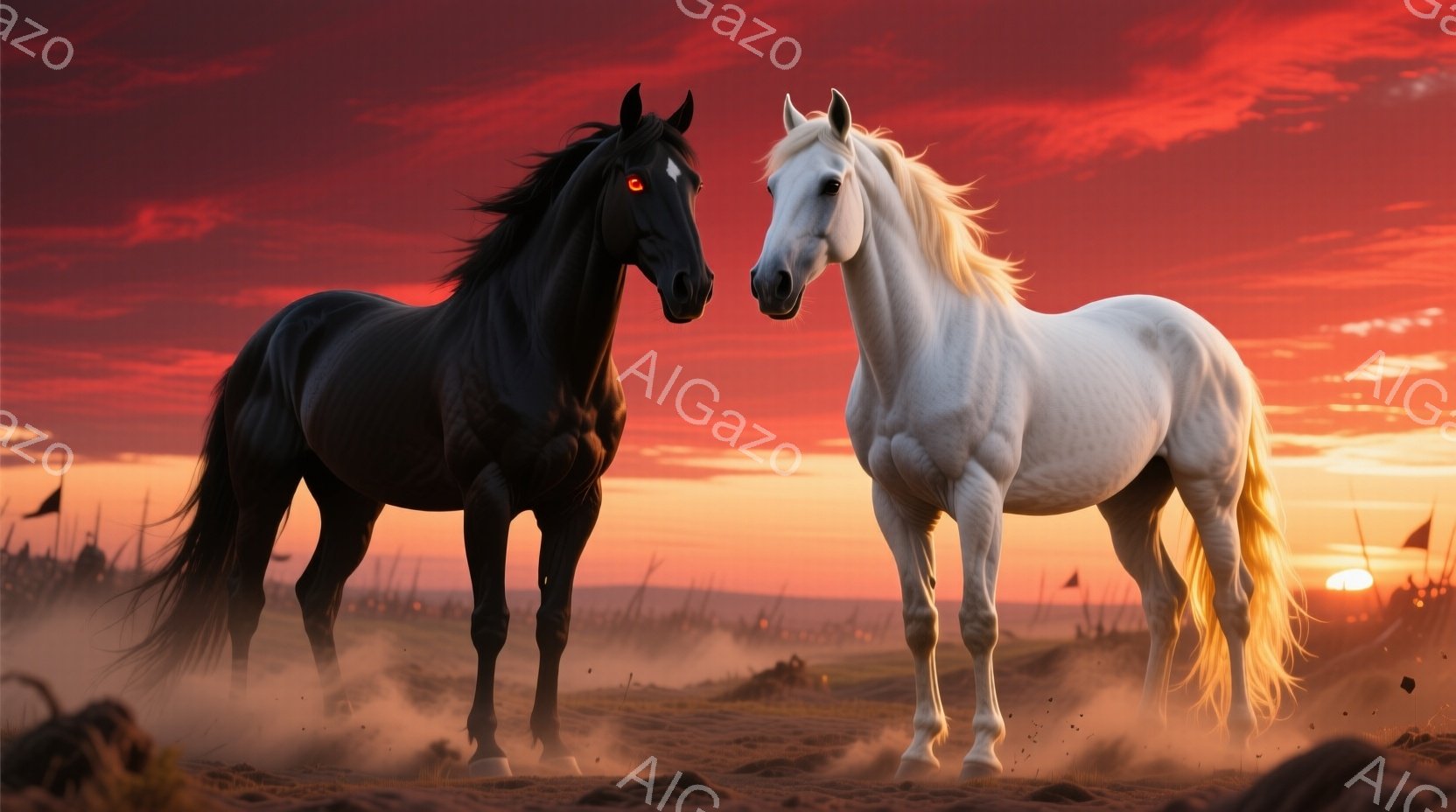 漆黒の馬と純白の馬が正面を向き、互いに鼻先をわずかに離して立っている。背景は夕焼けに染まった荒野で、枯れ草や低木が生い茂り、遠くには小さな旗のようなものがいくつか見え、埃っぽい地面には土ぼこりが舞っている。馬は力強く堂々とした姿勢で、夕焼けの赤と馬のコントラストが、緊張感と神秘的な雰囲気を醸し出している。