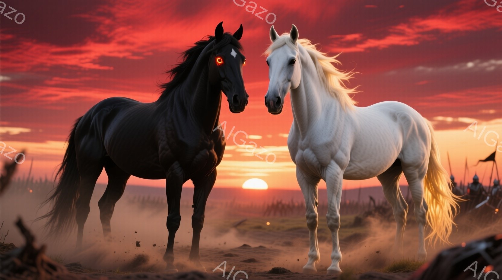 漆黒の馬と雪のように白い馬が、荒涼とした大地で正面を向かい合っている。燃えるような夕焼け空の下、埃っぽい地面に立ち、両馬とも強い意志を感じさせる鋭い眼光を放っている。遠方には、小さな旗を掲げた兵士たち - AI生成フリー素材