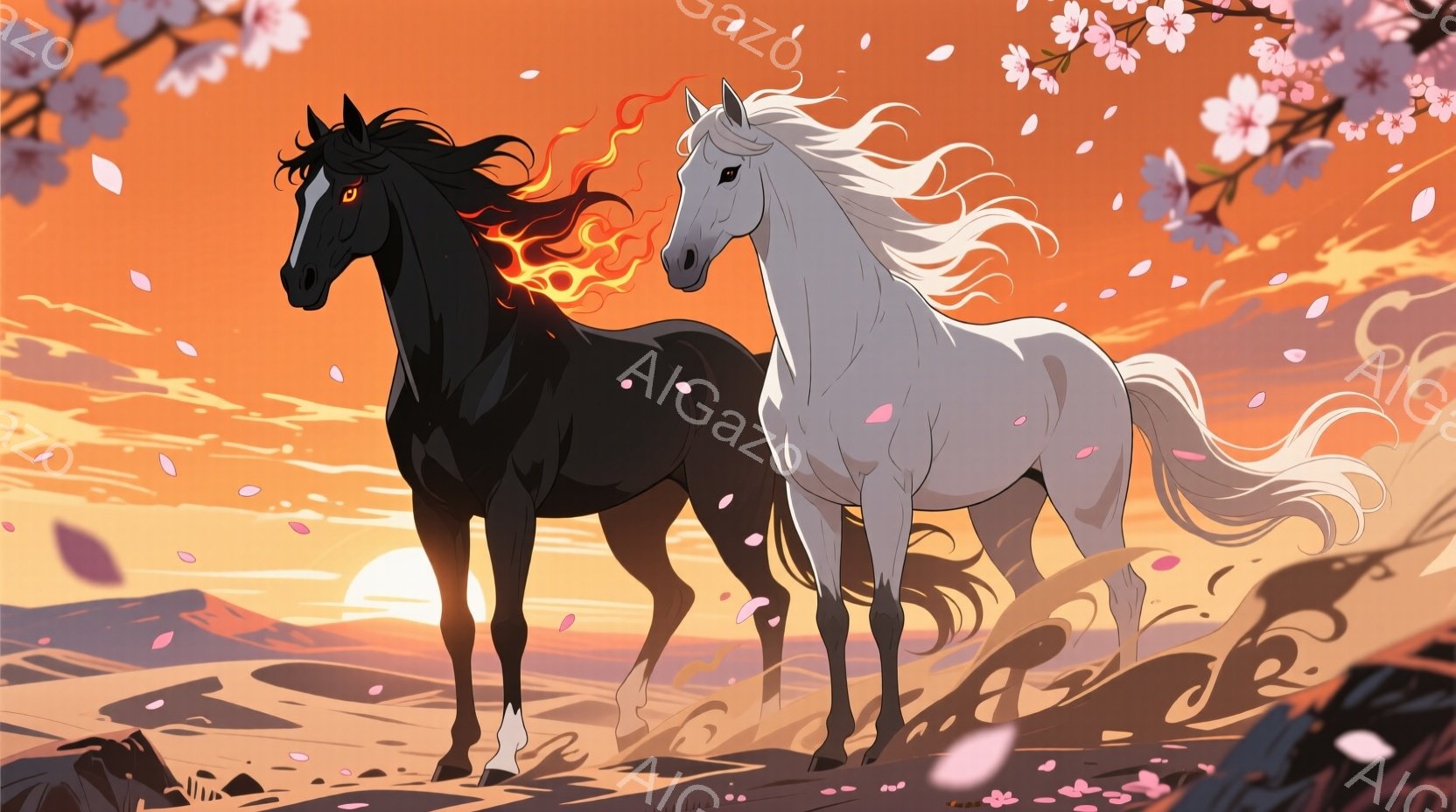 漆黒の馬と雪のような白い馬が、夕焼けに染まる大地を力強く駆けている。黒い馬の背中からは炎のようなエネルギーが立ち上り、白い馬は風になびくたてがみを持ち、それぞれ異なる力強さを表現している。背景には穏やかな山々が広がり、舞い散る桜の花びらが幻想的な雰囲気を添えている。