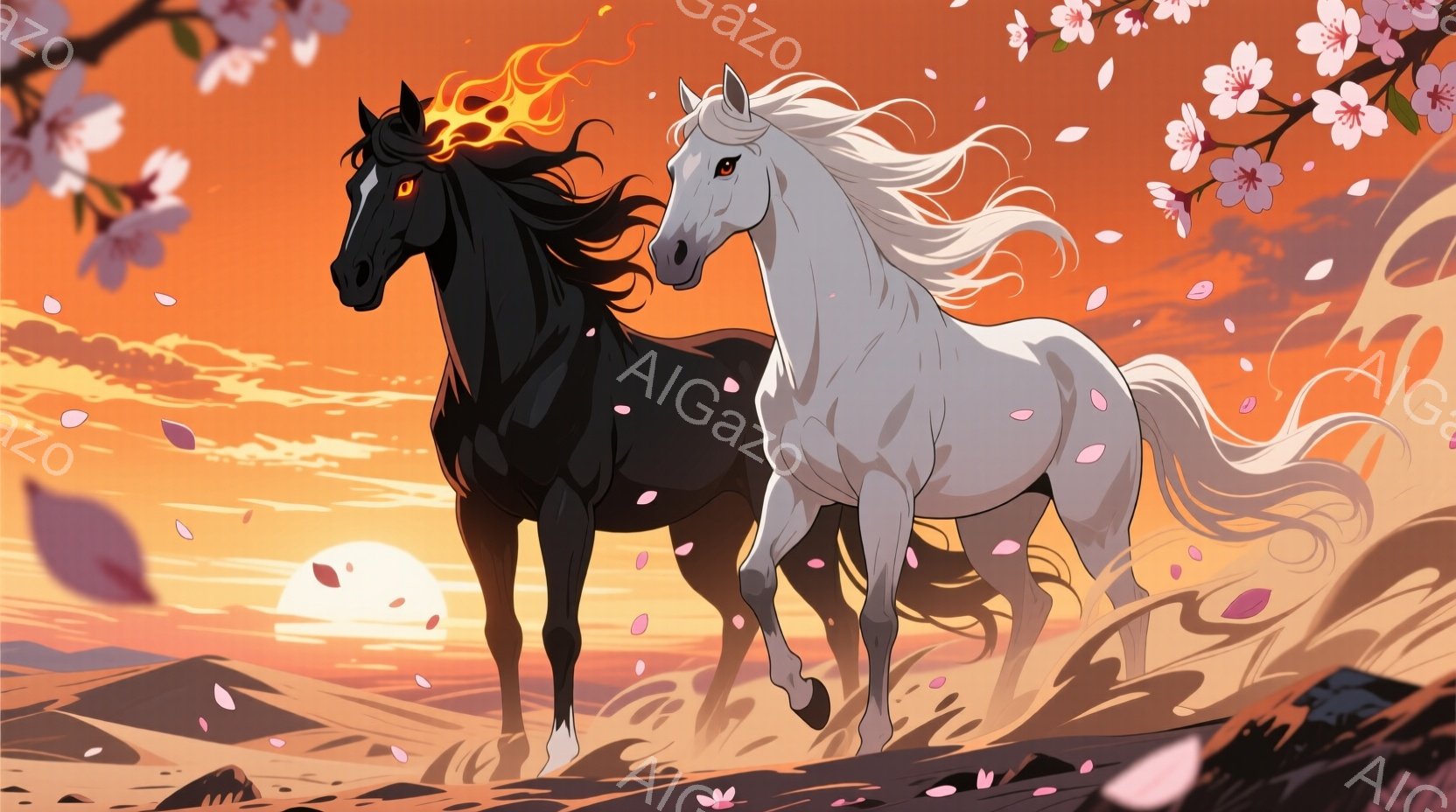 黒と白の二頭の馬が夕焼けの丘を疾走している。黒い馬は燃えるような鬣を持ち、白い馬は風になびくたてがみをしている。背景には燃えるような夕焼けと、舞い散る桜の花びらが広がり、荘厳で神秘的な雰囲気を醸し出し - AI生成フリー素材