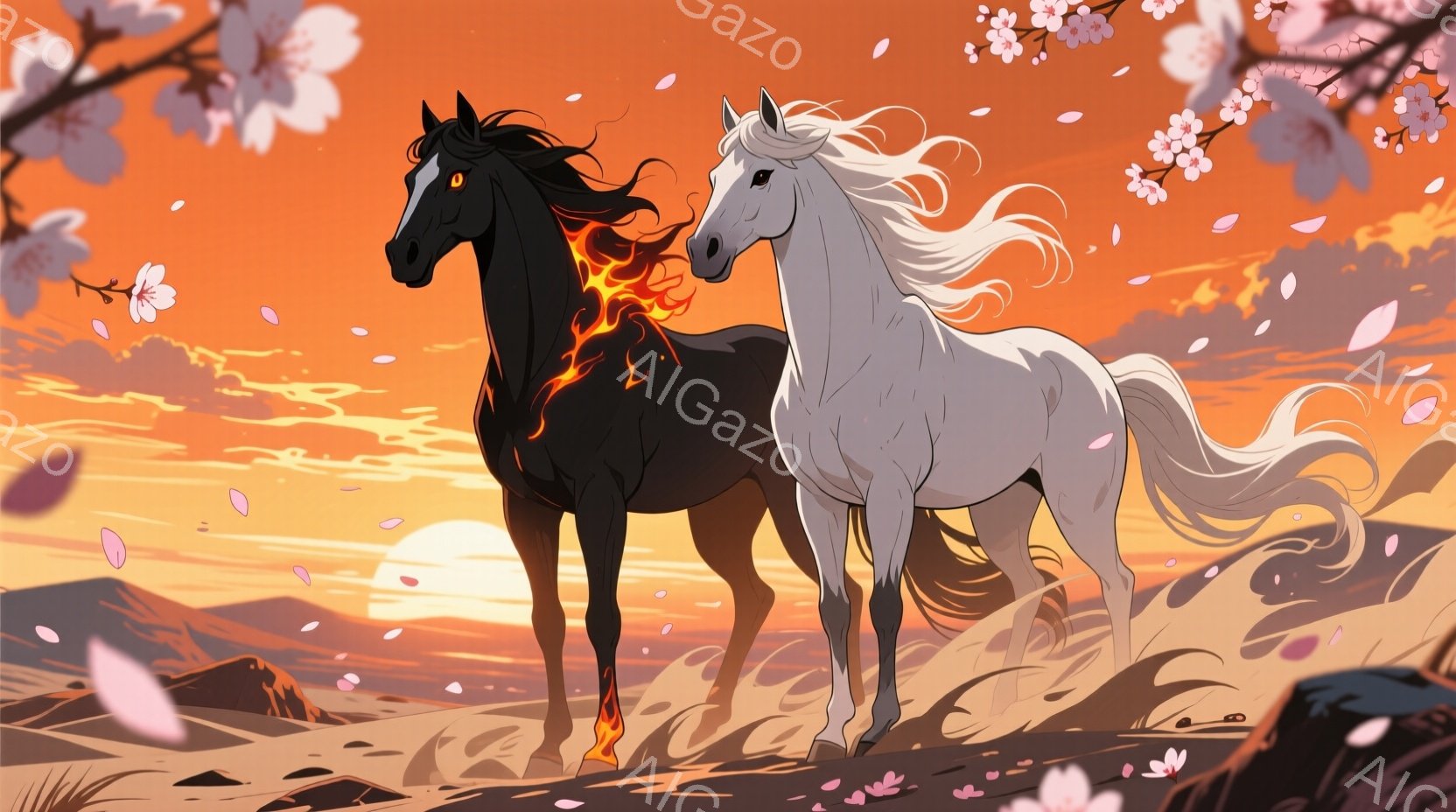 燃えるような黒い馬と白い馬が、夕焼けに照らされた丘の上を並んで立っている。黒い馬は炎のような模様が体に広がっており、白い馬は純粋な白で、その毛並みが風になびいている。背景には、遠くに見える山々と、舞い - AI生成フリー素材