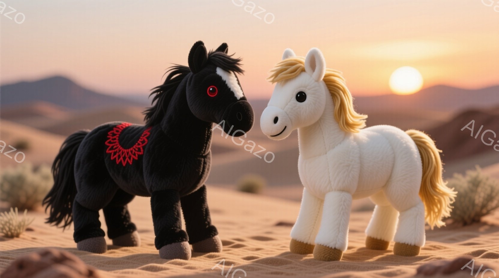 砂漠の風景の中に、黒と白の2匹のぬいぐるみ馬が並んで立っています。黒い馬は赤い模様が入った装飾を身に着け、白い馬はたてがみと尻尾が金色のふわふわした毛で覆われています。背景には、夕焼けに照らされた丘や砂丘が広がり、暖かく穏やかな雰囲気を醸し出しています。