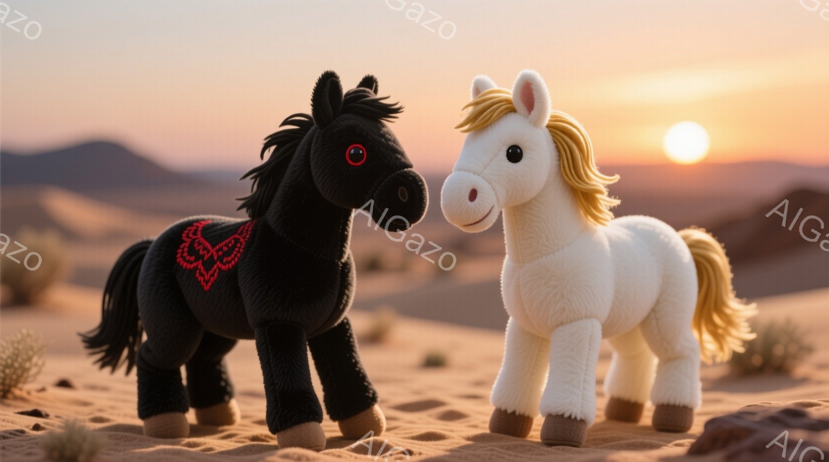 砂漠の風景の中に、黒と白の2匹のぬいぐるみ馬が立っている。黒い馬は赤い模様の装飾が施されており、白い馬は金色のたてがみと尾を持っている。背景には、夕焼けに照らされた砂丘と山々が広がっており、温かく穏やかな雰囲気を醸し出している。