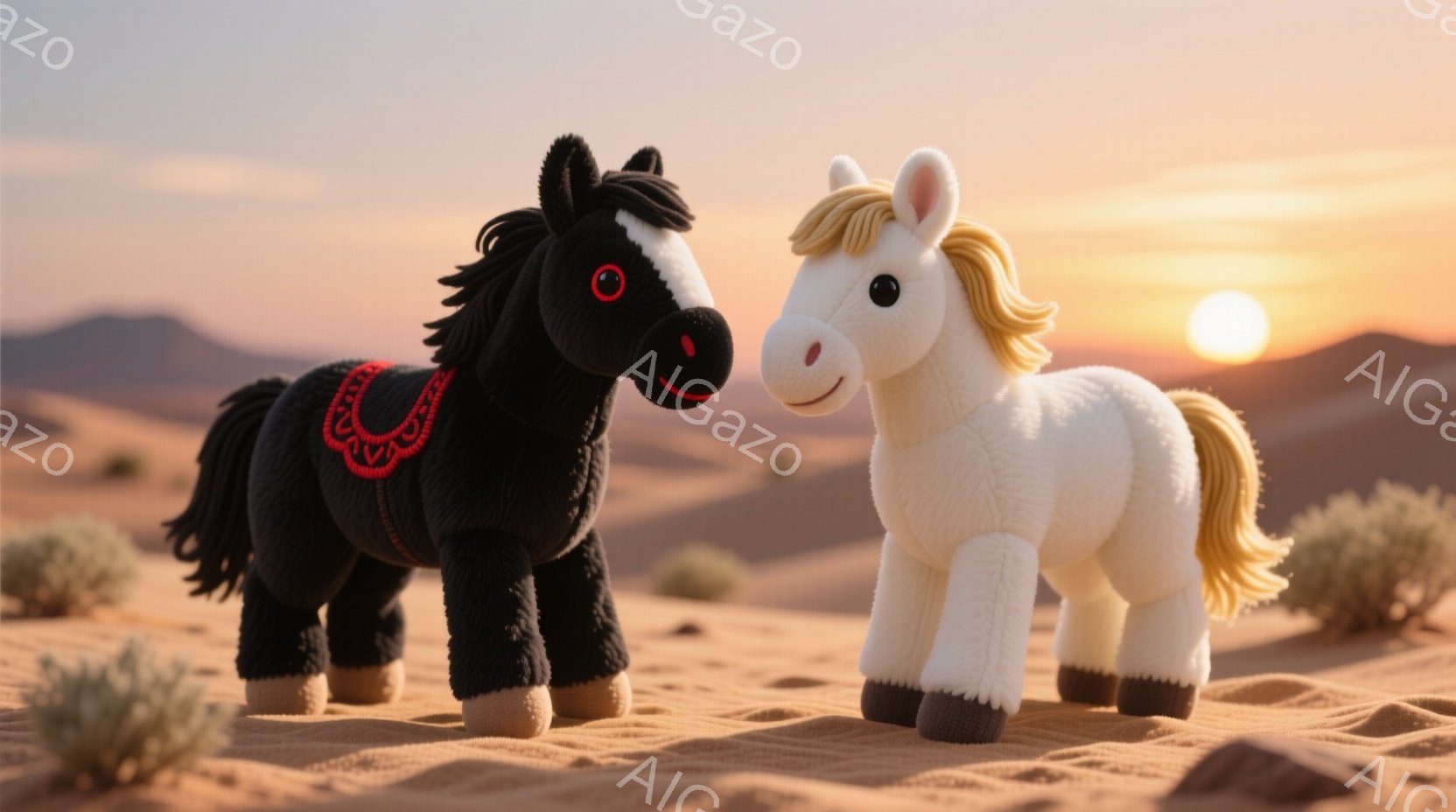 砂漠の中に、黒と白の2匹のぬいぐるみ馬が並んで立っている。黒い馬は赤い装飾が施されたブランケットのようなものを羽織っており、白い馬は金色のたてがみと尾を持っている。背景には、夕焼けの空と砂丘が広がり、穏やかで幻想的な雰囲気を醸し出している。