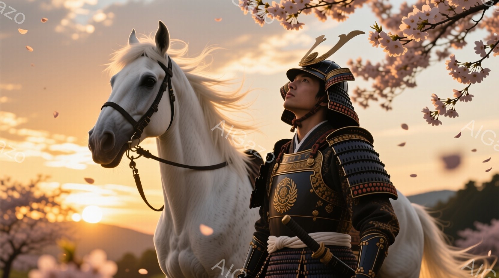 白い馬に乗った武士が描かれており、絢爛豪華な鎧を身につけている。彼は凛々しい表情で遠くを見つめ、その姿勢は威厳と自信に満ち溢れている。背景には夕焼け空と桜の花びらが舞い、荘厳で叙情的な雰囲気を醸し出し - AI生成フリー素材