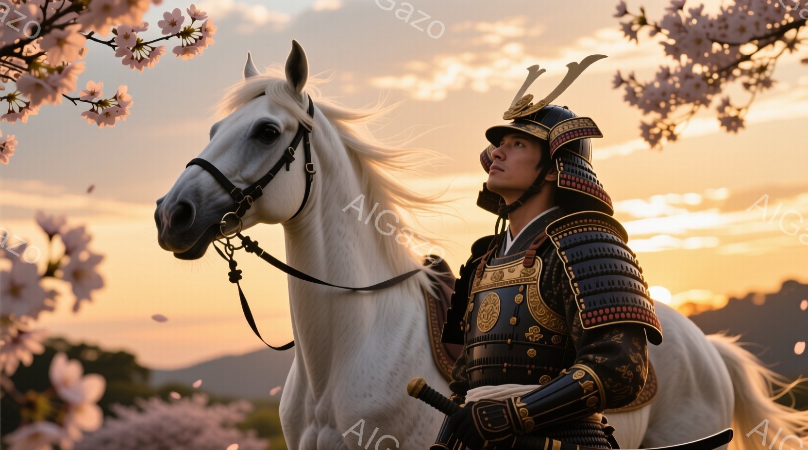 白い馬に乗った武者が、夕焼けを背景に凛々しく佇んでいる。武者は黒と金色の鎧を身につけ、兜には角がついており、表情はどこか憂いを帯びている。背景には桜の花びらが舞い、穏やかで美しい夕焼け空が広がっている。