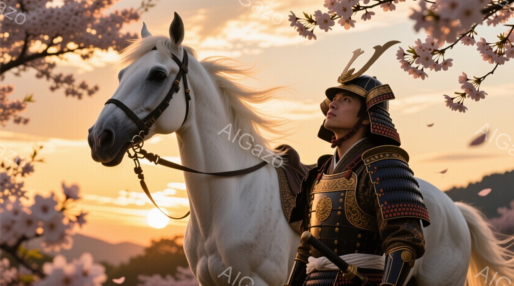 白い馬に跨った武士が描かれています。金色の装飾が施された黒い甲冑を身に着け、凛々しい表情で遠くを見つめています。背景には夕焼け空と、桜の花びらが舞う風景が広がり、武士の勇壮さと日本の自然の美しさが調和 - AI生成フリー素材