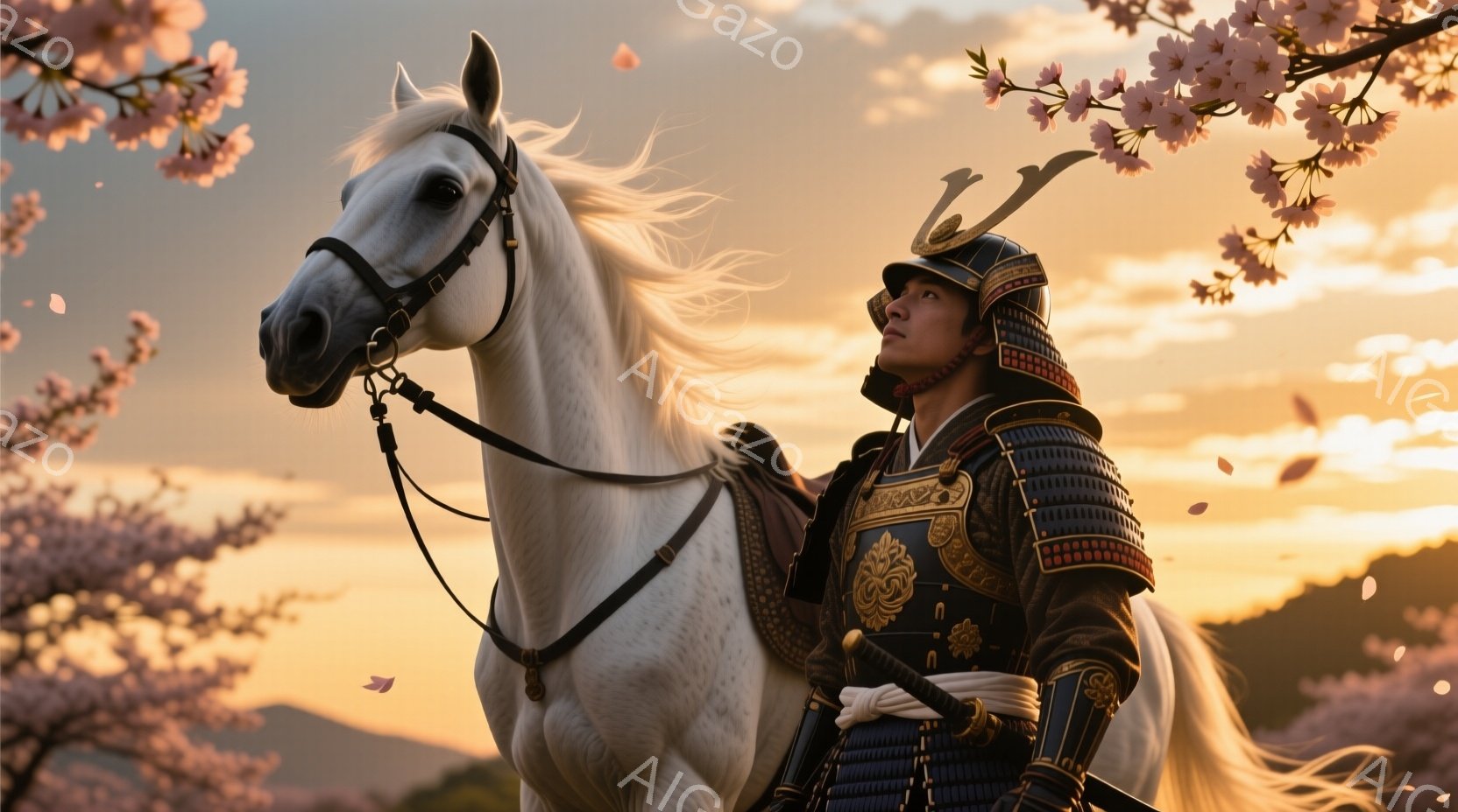 凛々しい武士が、白馬に乗り、夕焼け空の下で威厳を放っている。紺色の胴丸と金色の装飾が施された鎧を身につけ、兜には角がついており、表情は真剣で遠くを見つめている。背景には桜の花びらが舞い、穏やかな夕焼け - AI生成フリー素材