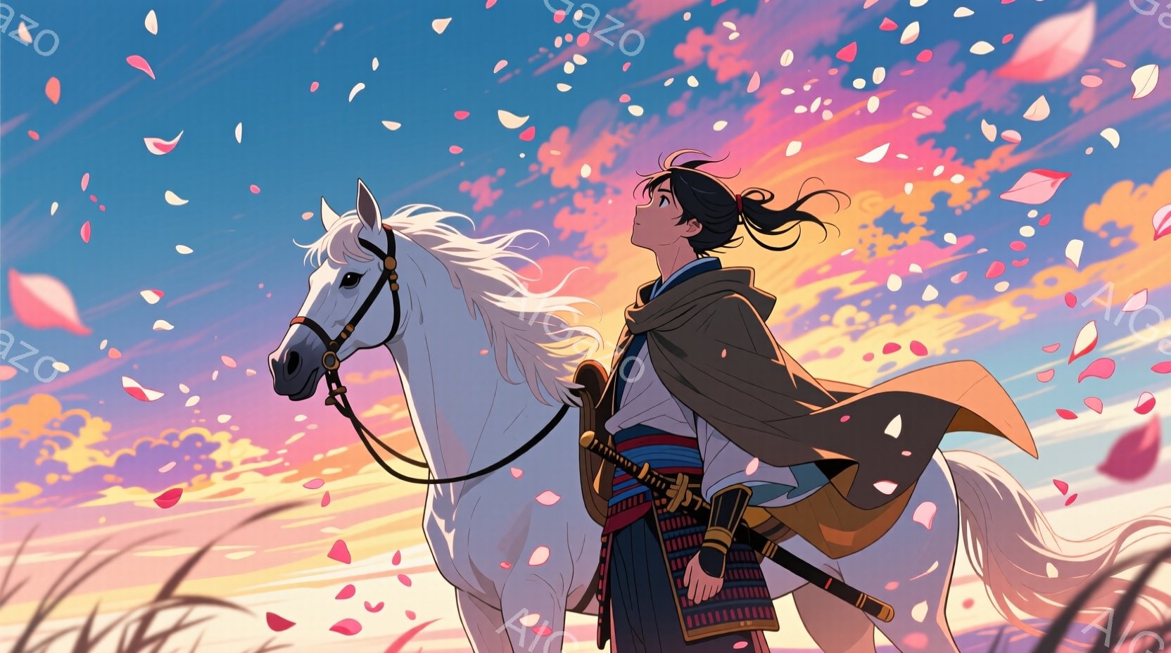 白い馬に乗った男性が描かれています。彼は短髪で、鎧の上から灰色の着物と茶色の外套を羽織り、凛々しい表情で遠くを見つめています。背景はピンクの花びらが舞う夕焼け空で、草原が広がり、全体的に力強く、希望に満ちた雰囲気を醸し出しています。