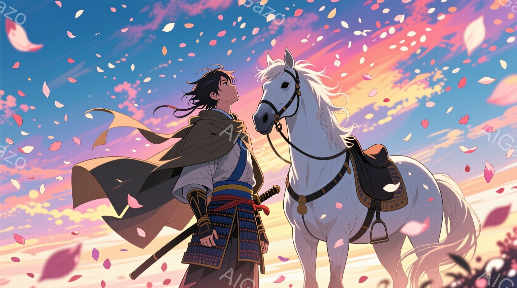 少年は紫色の着物と鎧を身に着け、腰には刀を帯びています。彼は顔を上げ、希望に満ちた表情で遠くを見つめており、白馬に寄り添っています。背景は夕焼けのような暖色系の空と、舞い散る桜の花びらで満たされ、壮大で希望に満ちた雰囲気を醸し出しています。