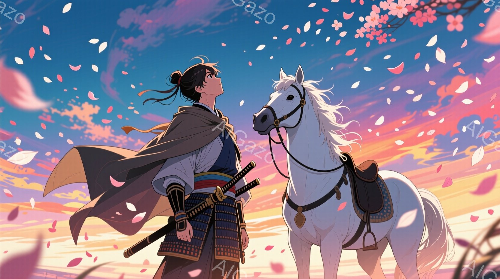 侍姿の男性が白馬と共に描かれている。彼は茶色の外套を羽織り、紺色の着物と鎧を身に着け、腰には二本の刀を携えている。背景には夕焼け空が広がり、桜の花びらが舞い散る様子が、静かで美しい雰囲気を醸し出してい - AI生成フリー素材
