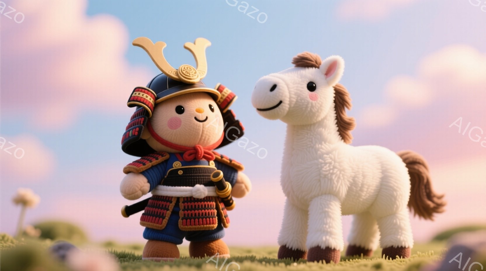 鮮やかなピンクと紫色の空の下、可愛らしい武士の姿をしたキャラクターが、伝統的な鎧を身に着け、小さな刀を帯びています。つぶらな瞳と微笑みを浮かべ、少しふっくらとした体型が特徴的です。背景には緑の草原が広がり、近くには白い馬が穏やかに立っており、全体的に温かく、優しい雰囲気が漂っています。