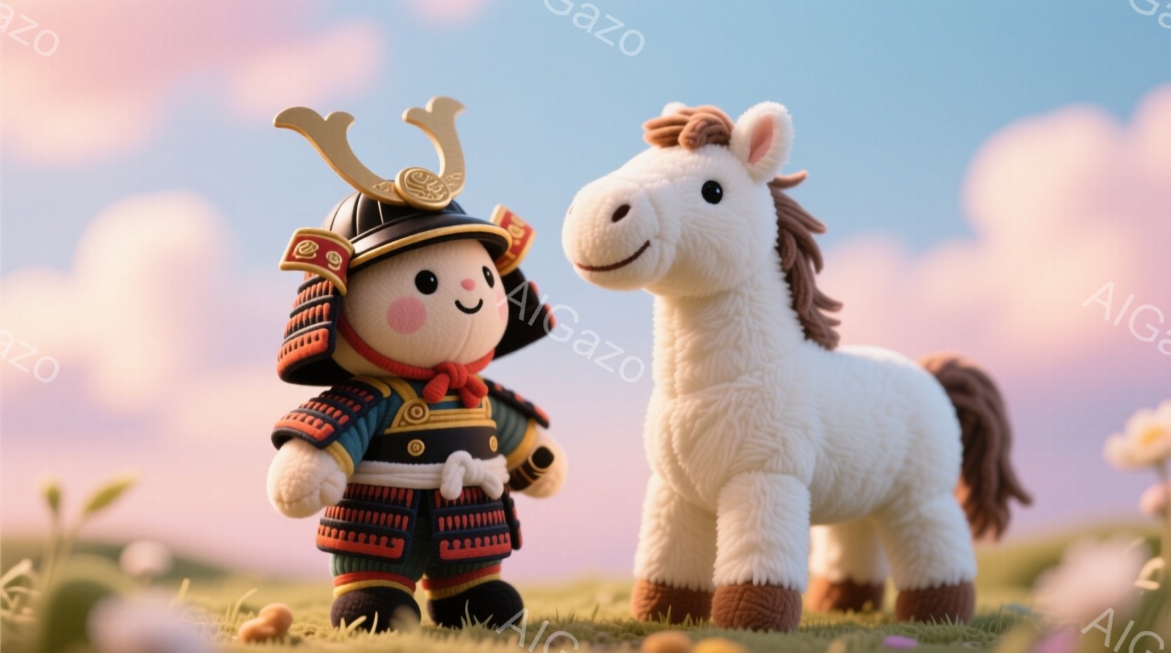 「クラフトスマート」と呼ばれるキッズグッズのプレゼントボックスから抜け出した人形と玩具が占めています。人形は日本の忍者風に服を着せ、その他のフィーチャーも豊富です。玩具は顔が描かれており、表情や姿勢が可能です。 背景は柔らかなローズ色の空と花たちで、素朴で心地よい雰囲気を出しています。