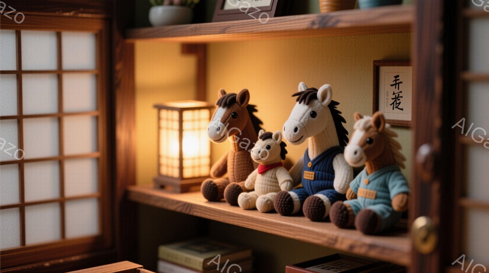 古い木製の棚の上に、四匹のぬいぐるみ馬が並んで座っています。それぞれの馬は異なる色の毛並みで、一匹はオーバーオールを着ています。背景には和紙の障子と、ぼんやりと光る提灯が見え、落ち着いた温かい雰囲気が漂っています。