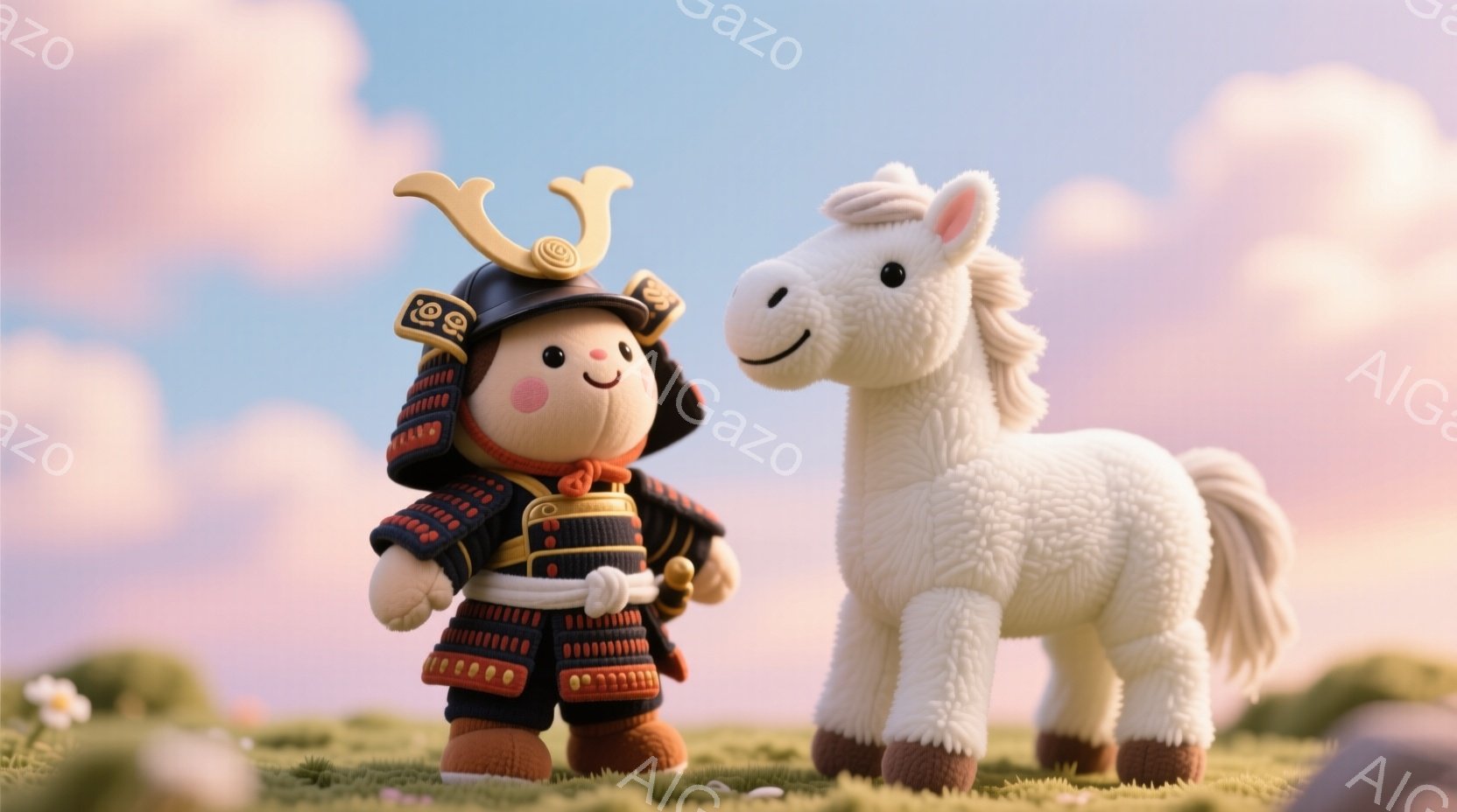 可愛らしい武士の姿をしたキャラクターと白い馬が写っています。武士は黒と赤の鎧を身につけ、兜には角飾りをつけています。背景は緑の草原と、ピンクと紫が混ざった夕焼け空で、全体的に温かく優しい雰囲気です。