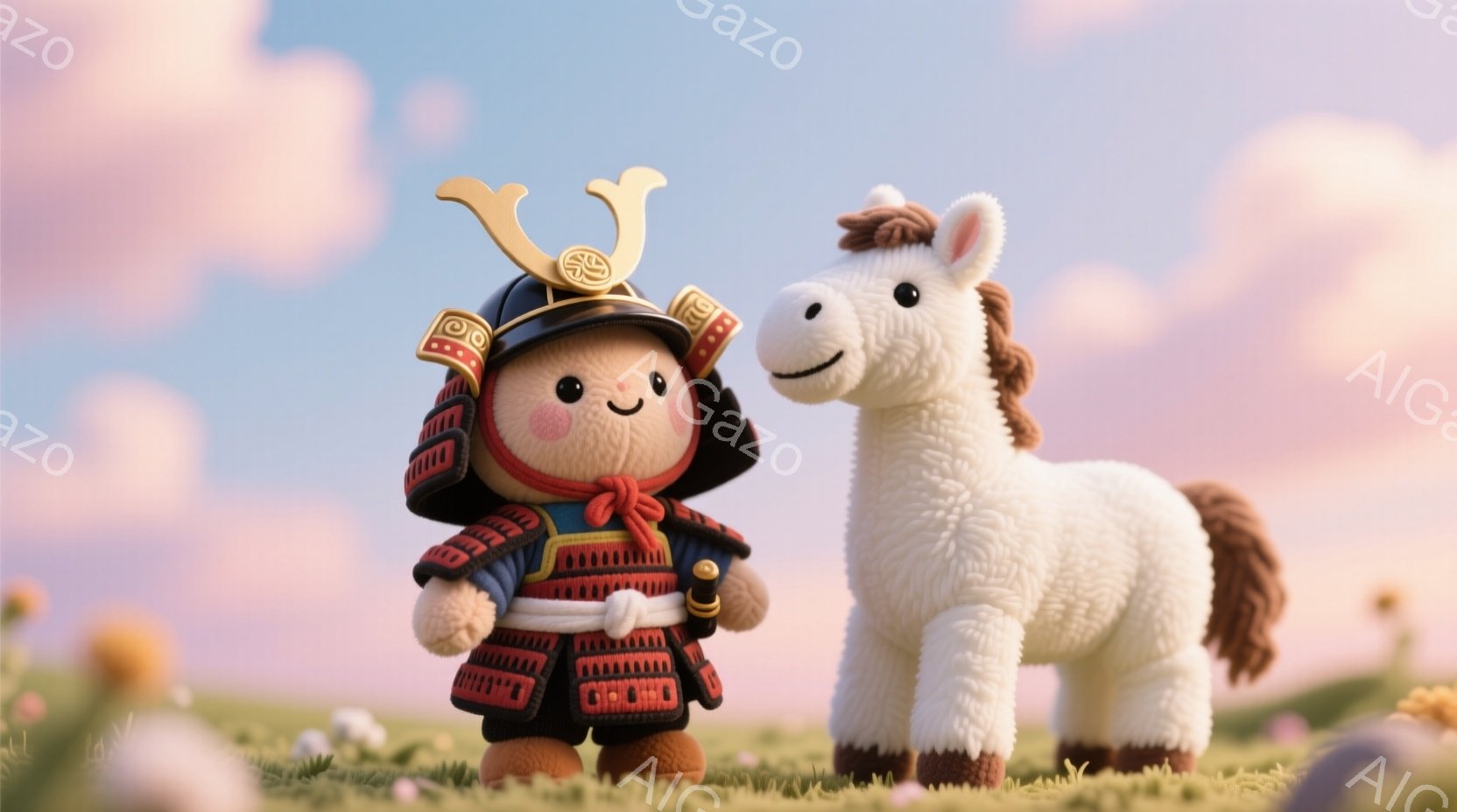 鮮やかな緑の草原に、武者装束を着た可愛らしい人形と、白い馬が並んで立っています。人形は赤い鎧に黒い装飾が施され、兜を被っており、愛らしい笑顔を浮かべています。背景には、柔らかいピンクと紫色のグラデーションが広がる空が広がり、穏やかでファンタジックな雰囲気を醸し出しています。