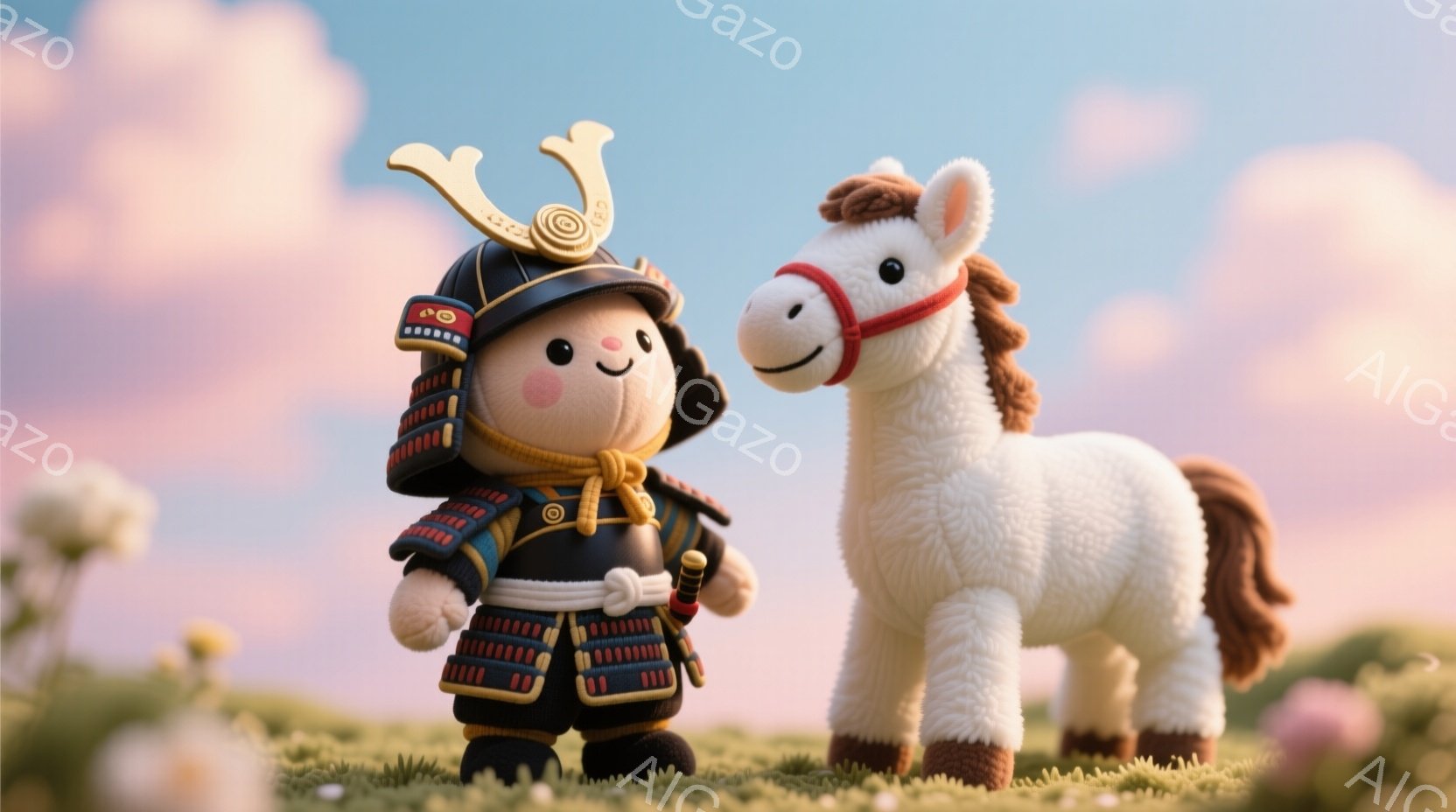 可愛らしい武者人形と白い馬が草原に立っている。武者人形は青い鎧を身につけ、金色の角飾りと赤い紐で結んだ髷の形をした髪型をしている。背景には、柔らかいピンクと紫の夕焼け空と、白い花や緑の草が広がる草原が - AI生成フリー素材