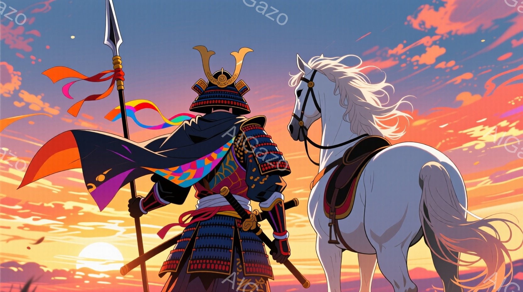 鮮やかな夕焼けを背景に、甲冑を身につけた武士が白い馬に跨っている。武士は黒い胴体と、鮮やかな色の装飾が施された肩当てを着用し、兜には金色の角飾りが付いている。馬は鬣をなびかせ、武士と共に夕焼けの中に佇み、力強く荘厳な雰囲気を醸し出している。