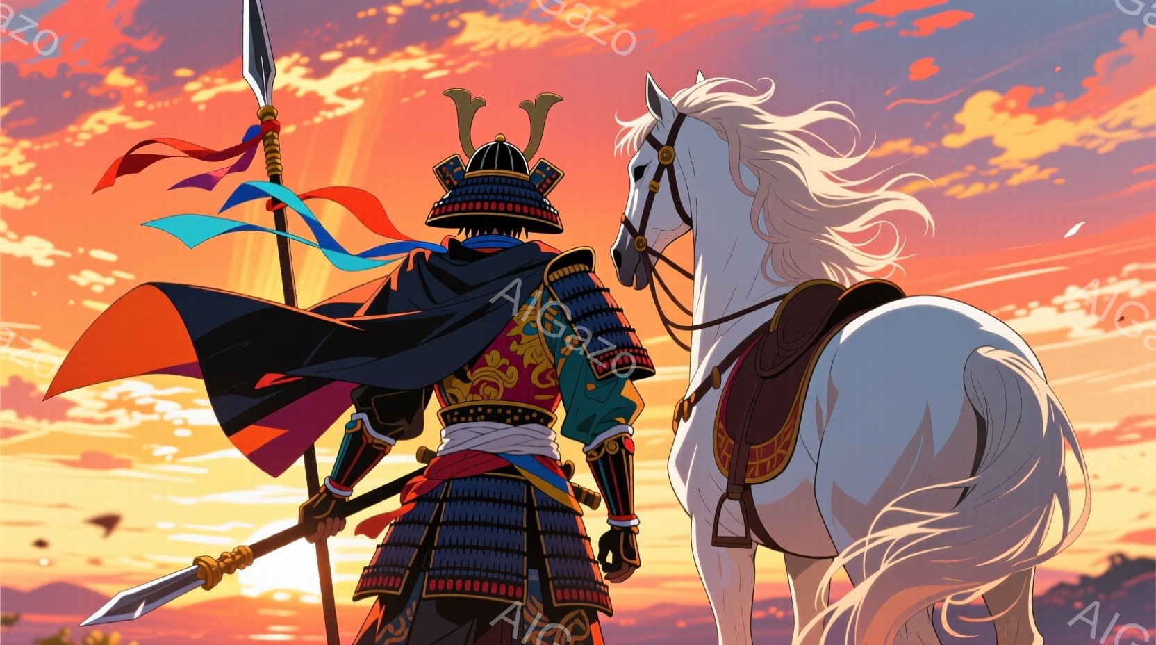 鮮やかな夕焼けを背景に、甲冑を身につけた武士と白い馬が描かれている。武士は赤い装飾が施された黒い甲冑をまとい、肩には鮮やかな色の旗が飾られた槍を持っている。馬はたてがみをなびかせながら、夕日に向かって立っており、力強く威厳のある雰囲気を醸し出している。