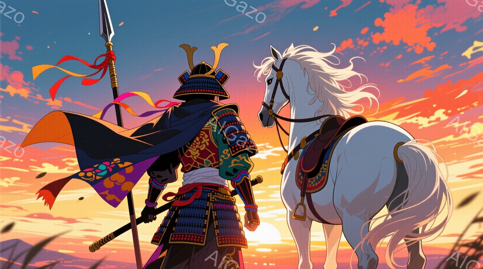 鎧を身につけた武者が、白馬に乗って夕焼けを背景に立っている。武者の鎧は鮮やかな紫色と金色の装飾が施され、黒い兜を被っている。背景には夕焼けの空と、草が生い茂る丘が見え、全体的に力強く、荘厳な雰囲気を醸し出している。