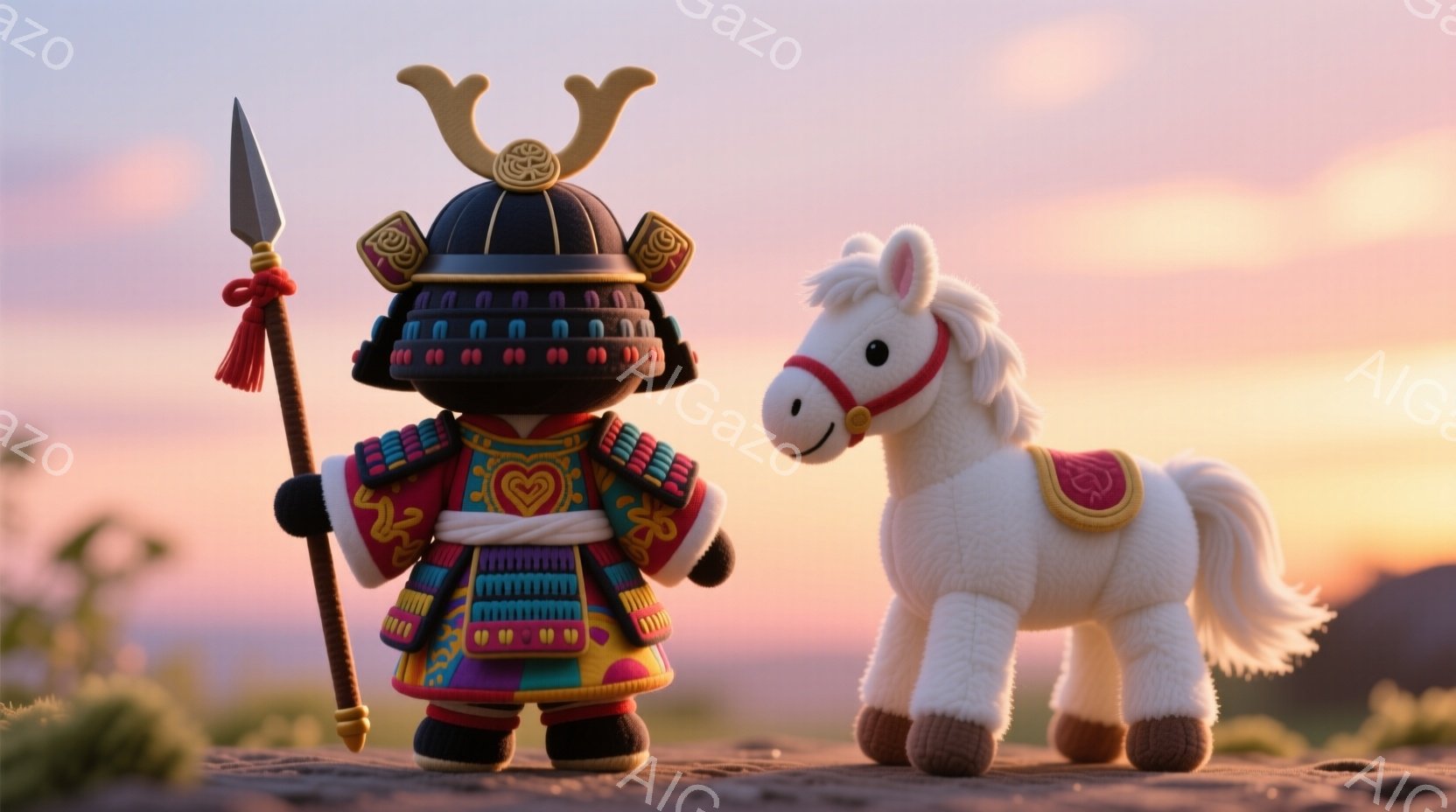 可愛らしい甲冑を身に着けた武士と、白い馬のぬいぐるみがあります。武士は丸い顔で、金色の角飾りと赤い紐で結ばれた兜をかぶっており、カラフルな鎧と赤い装飾が施された衣装を身に着けています。背景には、夕焼け空と山々が広がり、暖かく穏やかな雰囲気を醸し出しています。
