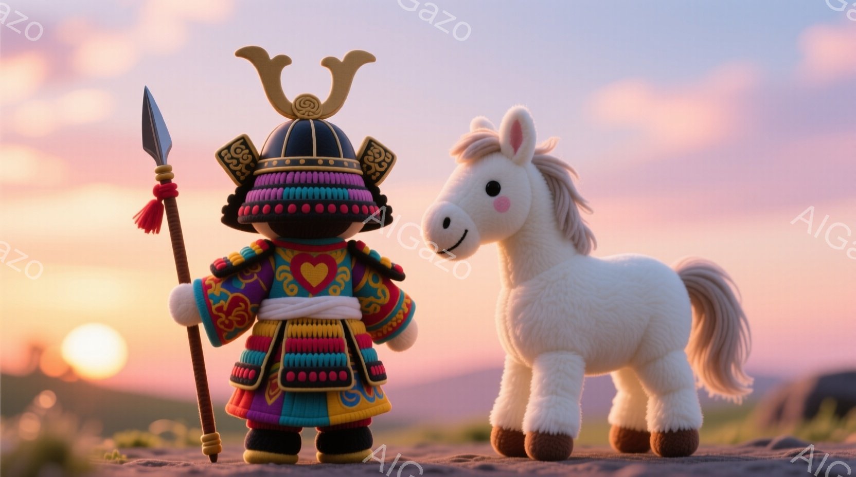 カラフルな鎧を身につけた武士の姿が描かれています。兜は独特の装飾が施され、鎧は鮮やかな赤、青、黄色で彩られています。背景は夕焼けの空と草原で、穏やかで幻想的な雰囲気が漂っています。 - AI生成フリー素材