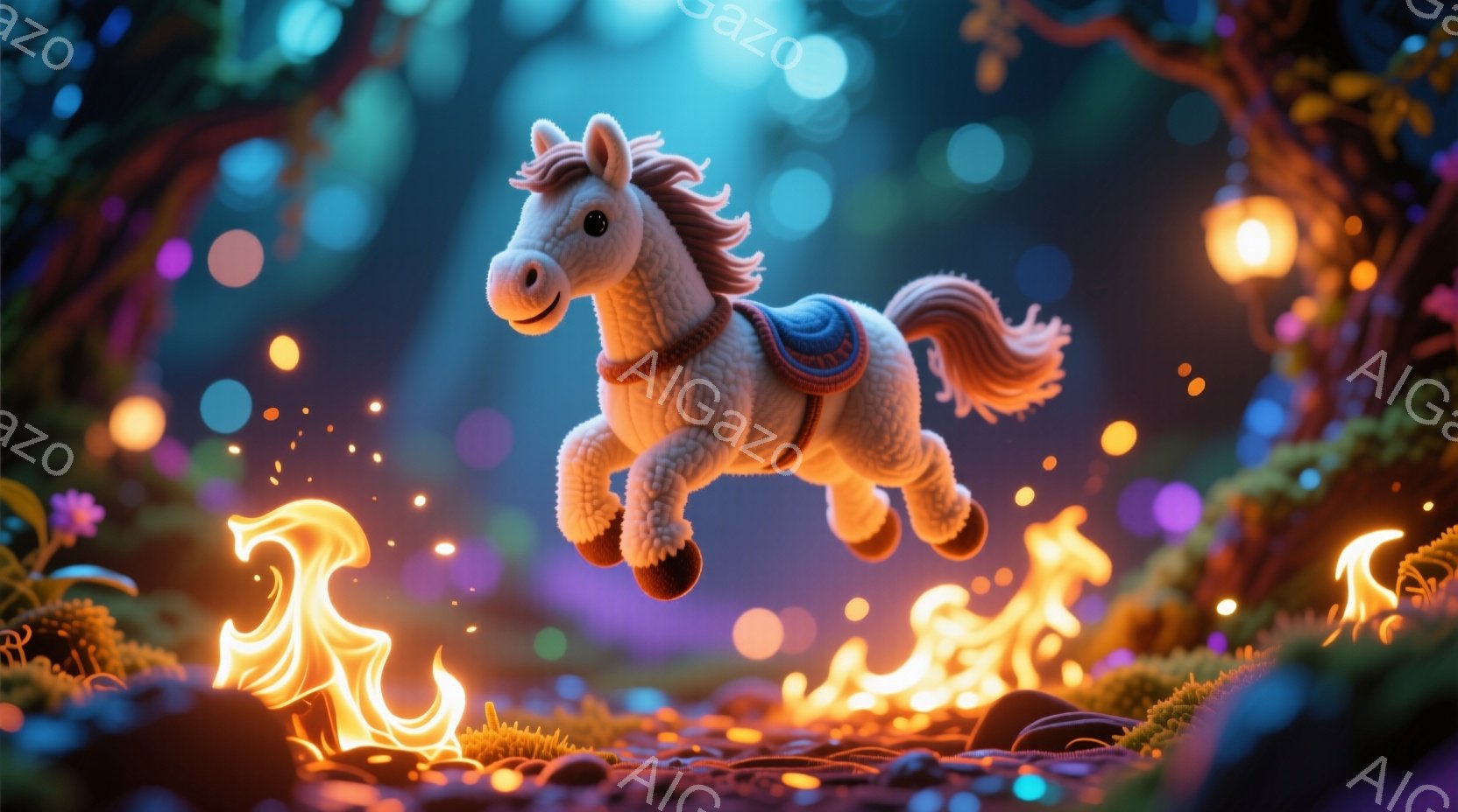 鮮やかな色彩のファンタジーな風景の中に、ふわふわとした白い馬が空中で躍動している様子を描いています。馬は小さな青い鞍を背負い、楽しげな表情で、周りをオレンジ色の炎のような光が囲んでいます。背景には、緑豊かな草地、苔むした岩、そしてぼんやりとした光を放つ花々が散りばめられ、幻想的な雰囲気を醸し出しています。