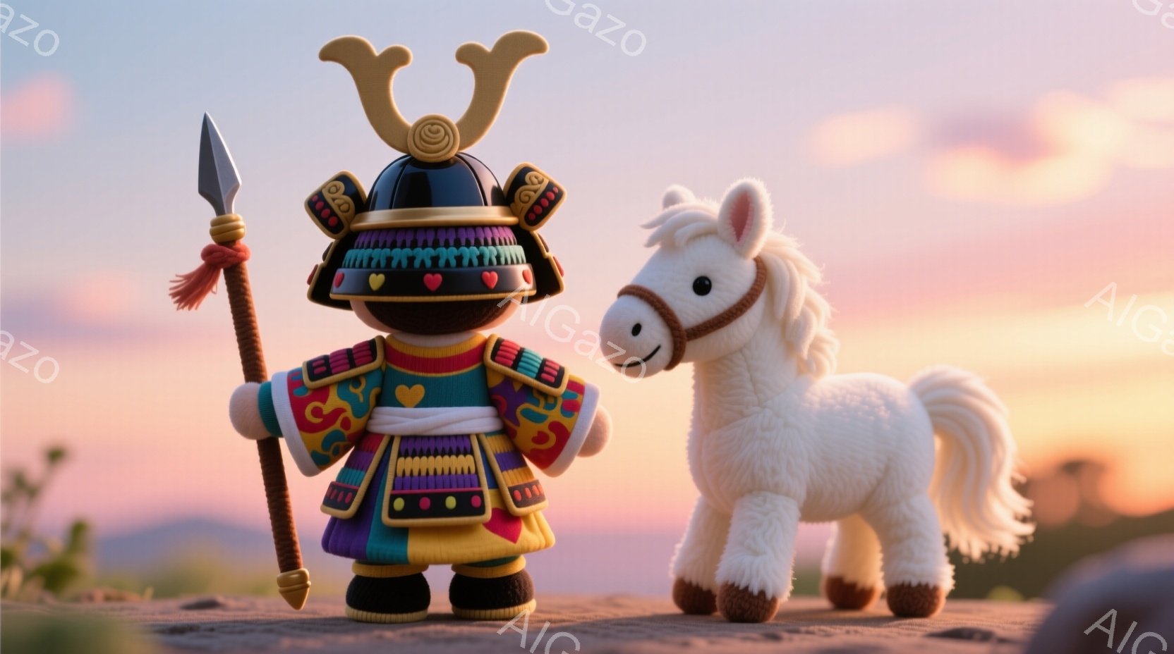 可愛らしい甲冑を着た人形と、ふわふわの白い馬のおもちゃが写っています。人形は、ピンク色の顔に大きな目、そして金色の装飾が施された甲冑と鮮やかな色の衣装を身に着けています。背景には、夕焼けの空と緑の丘が - AI生成フリー素材