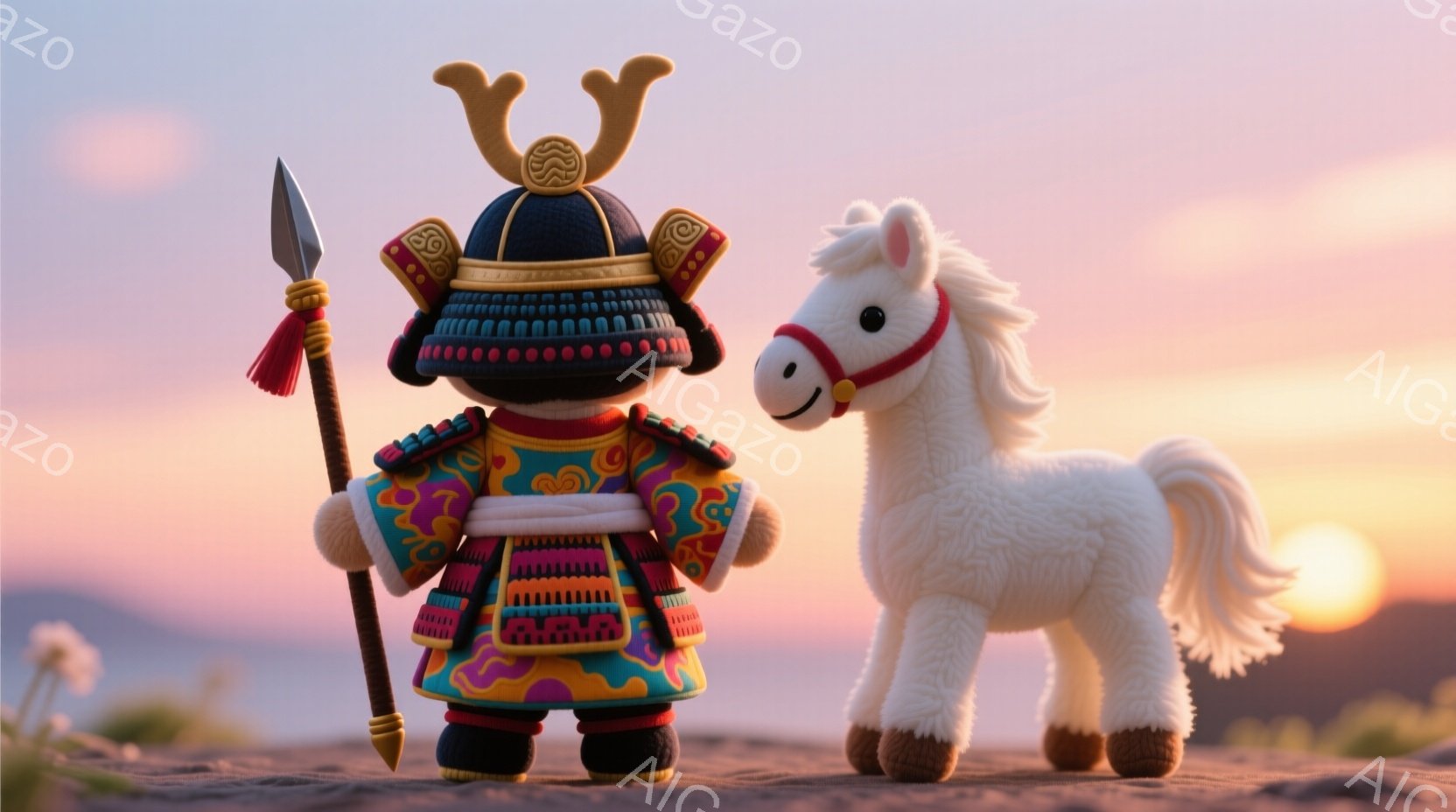 鮮やかな夕焼けを背景に、可愛らしい甲冑を着た人形と白い馬が並んで立っています。人形は鮮やかな青とオレンジの鎧を身につけ、赤い纓の付いた兜を被り、小さな槍を持っています。背景には穏やかな海と、夕焼けに照 - AI生成フリー素材