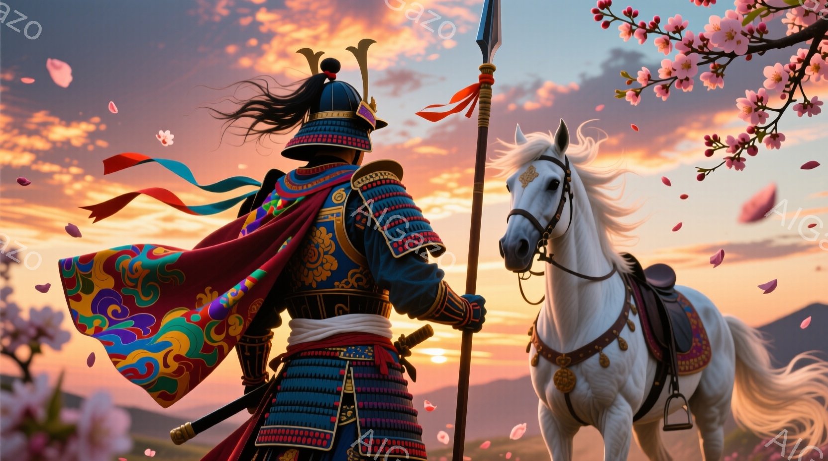 鮮やかな緋色の胴丸を身に着けた武者が、白馬と共に夕焼けを背景に立っている。武者は黒髪を後ろで束ね、背中に鮮やかな模様の旗を背負い、槍を構えている。背景には桜の花びらが舞い散り、夕焼け空が壮大な景色を作り出している。
