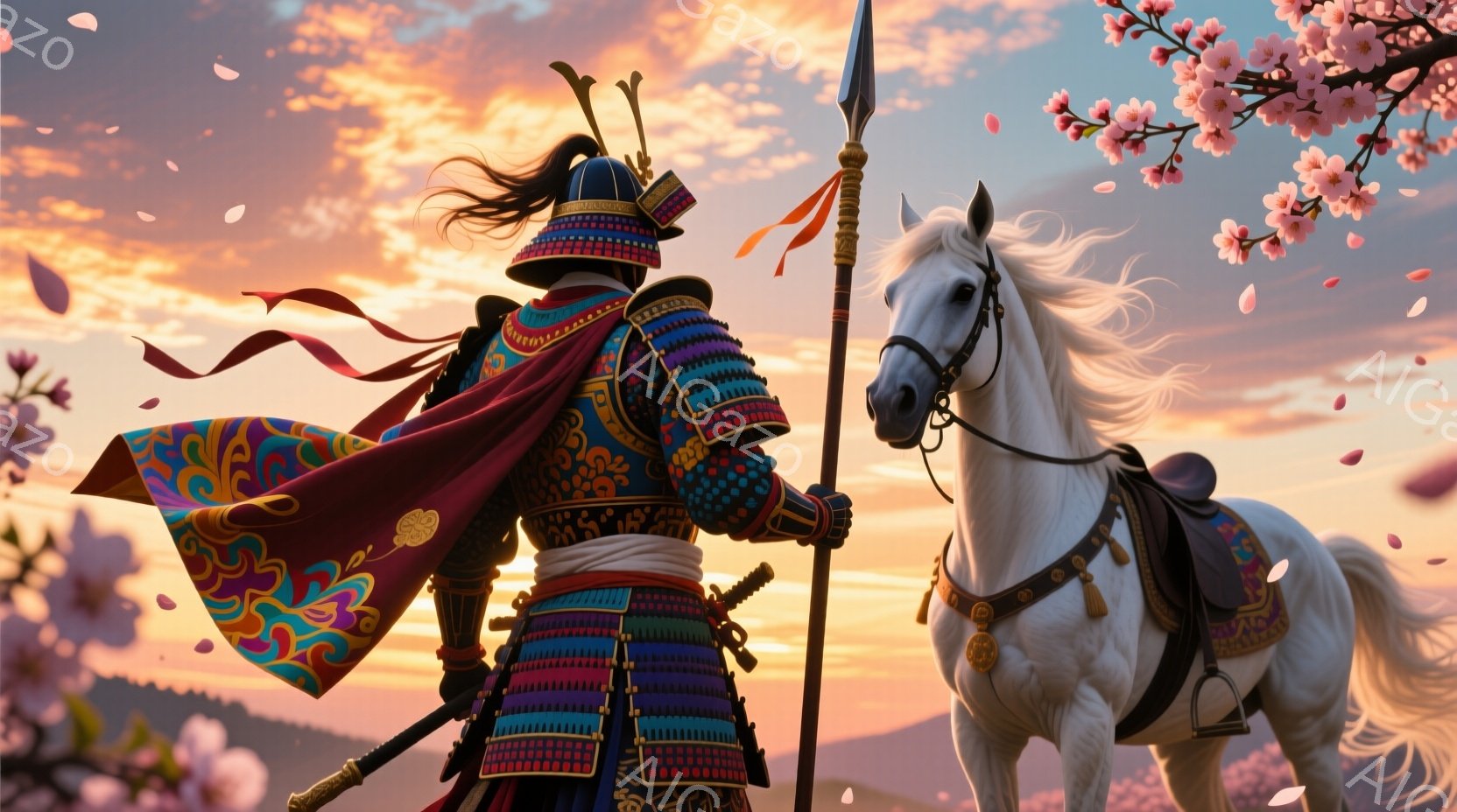 鮮やかな夕焼けを背景に、華やかな鎧を身に着けた武士が白馬と共に佇んでいる。武士は黒と青を基調とした鎧に、鮮やかな橙色の装飾が施されており、背中には色鮮やかな模様の旗が翻っている。白馬は堂々と立ち、夕日 - AI生成フリー素材