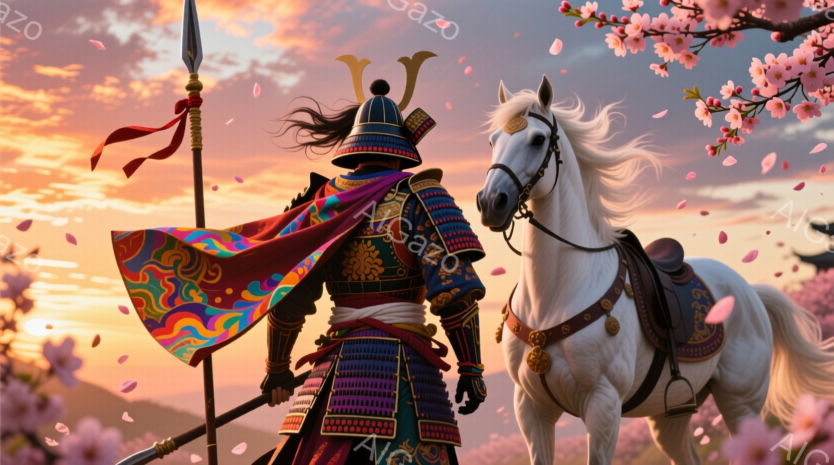 鮮やかな桜並木を背景に、鎧を身に着けた武士が白い馬に跨っている。武士は黒髪を後ろで結い、金色の装飾が施された鎧は精巧で、鮮やかな色の旗が背中に翻っている。夕焼け空と舞い散る桜の花びらが、武士と馬を美し - AI生成フリー素材