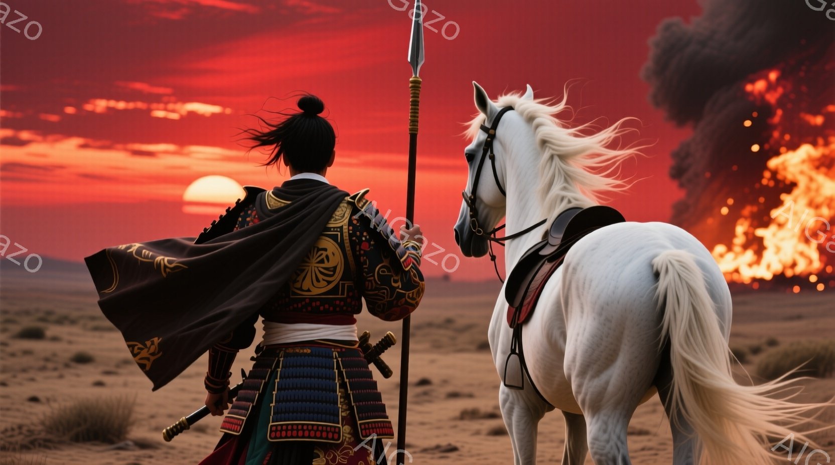 砂塵が舞う荒野に、武士と白馬が佇んでいます。武士は黒い胴衣に華やかな模様の鎧を身につけ、背中に長槍を携え、黒い外套を羽織っています。背景には燃え盛る炎と、夕焼けに染まる空が広がり、戦後の静寂と英雄的な雰囲気を醸し出しています。