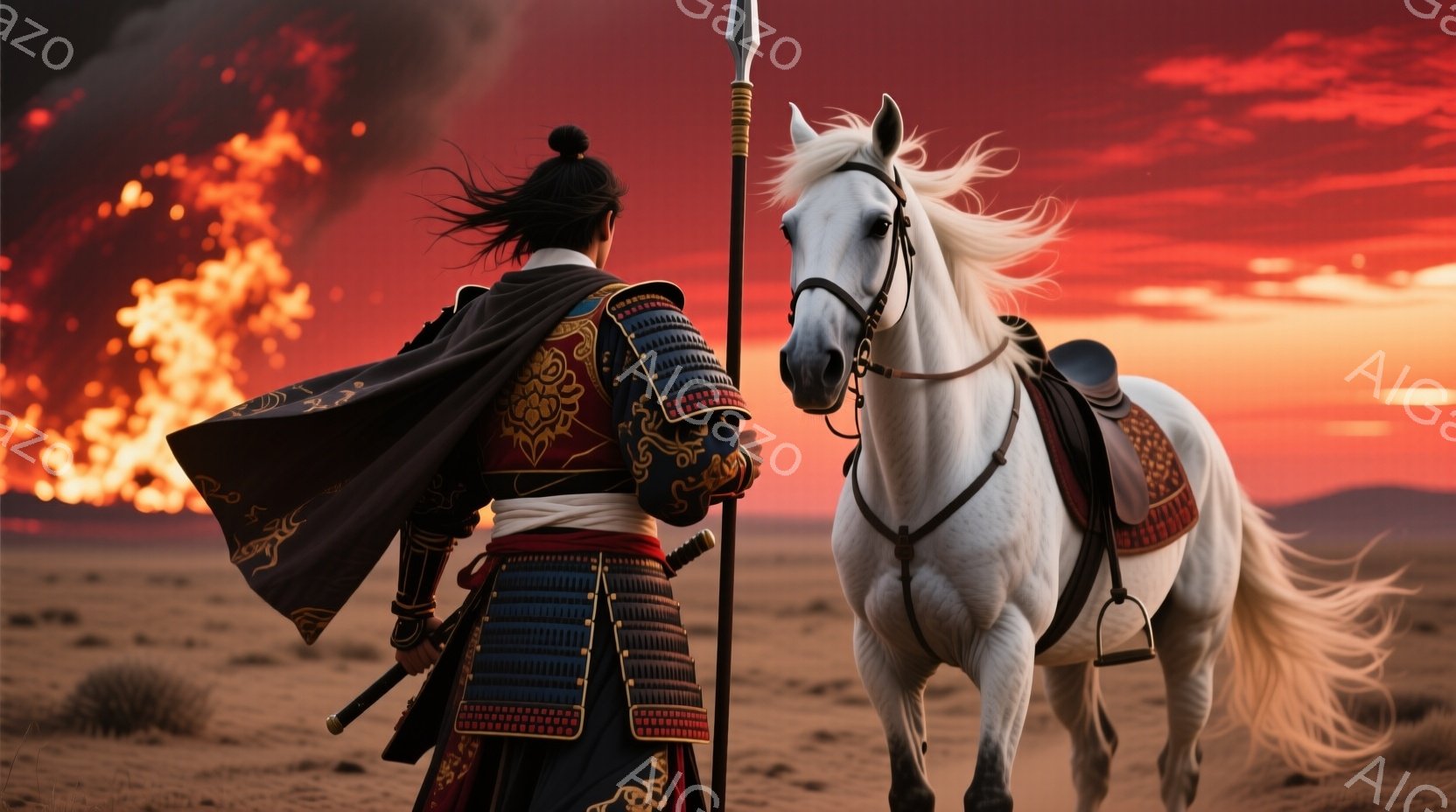 燃え盛る夕焼けを背景に、甲冑を身につけた武士と白馬が描かれている。武士は黒髪を後ろで束ね、華やかな文様の入った鎧を着用し、背中に槍を背負っている。白馬は力強く前進し、そのたてがみと尾は風に舞い、荒廃した大地と激しい炎のコントラストが、戦乱の時代の緊張感と英雄的な雰囲気を醸し出している。
