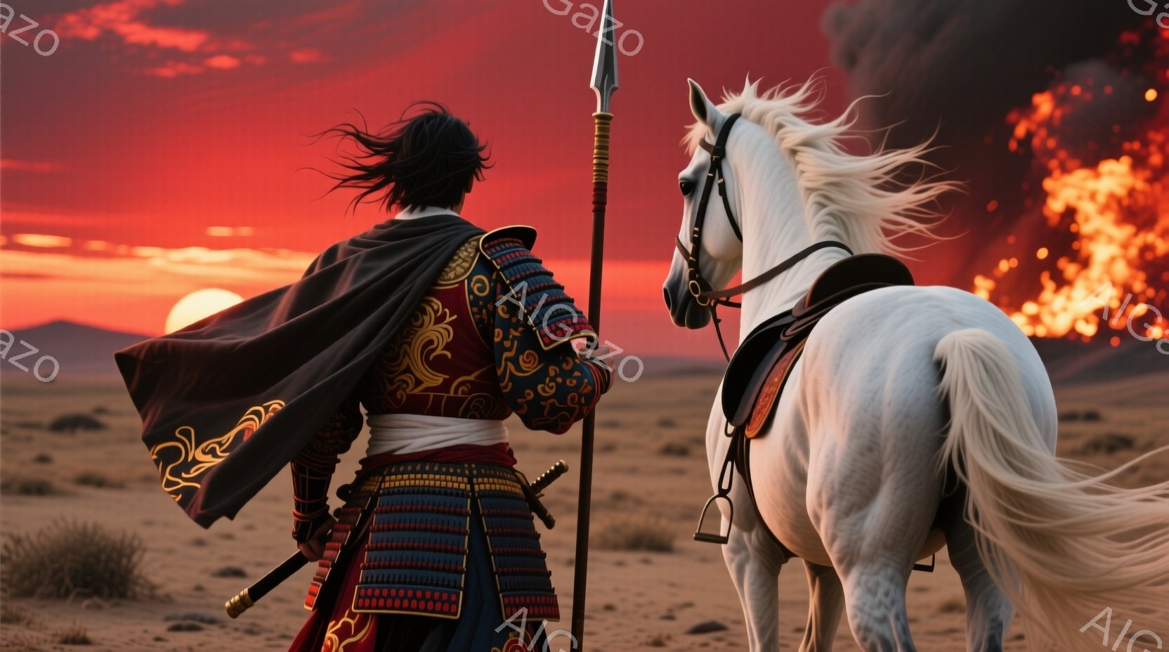 燃え盛る夕焼けを背に、甲冑を身につけた武者が白馬と共に佇んでいる。武者は黒髪を背中で束ね、鮮やかな赤い装束と、細かい装飾が施された紺色の甲冑を着用している。背景には荒野が広がり、遠くに炎が立ち上る様子が、緊迫感と壮大な雰囲気を醸し出している。