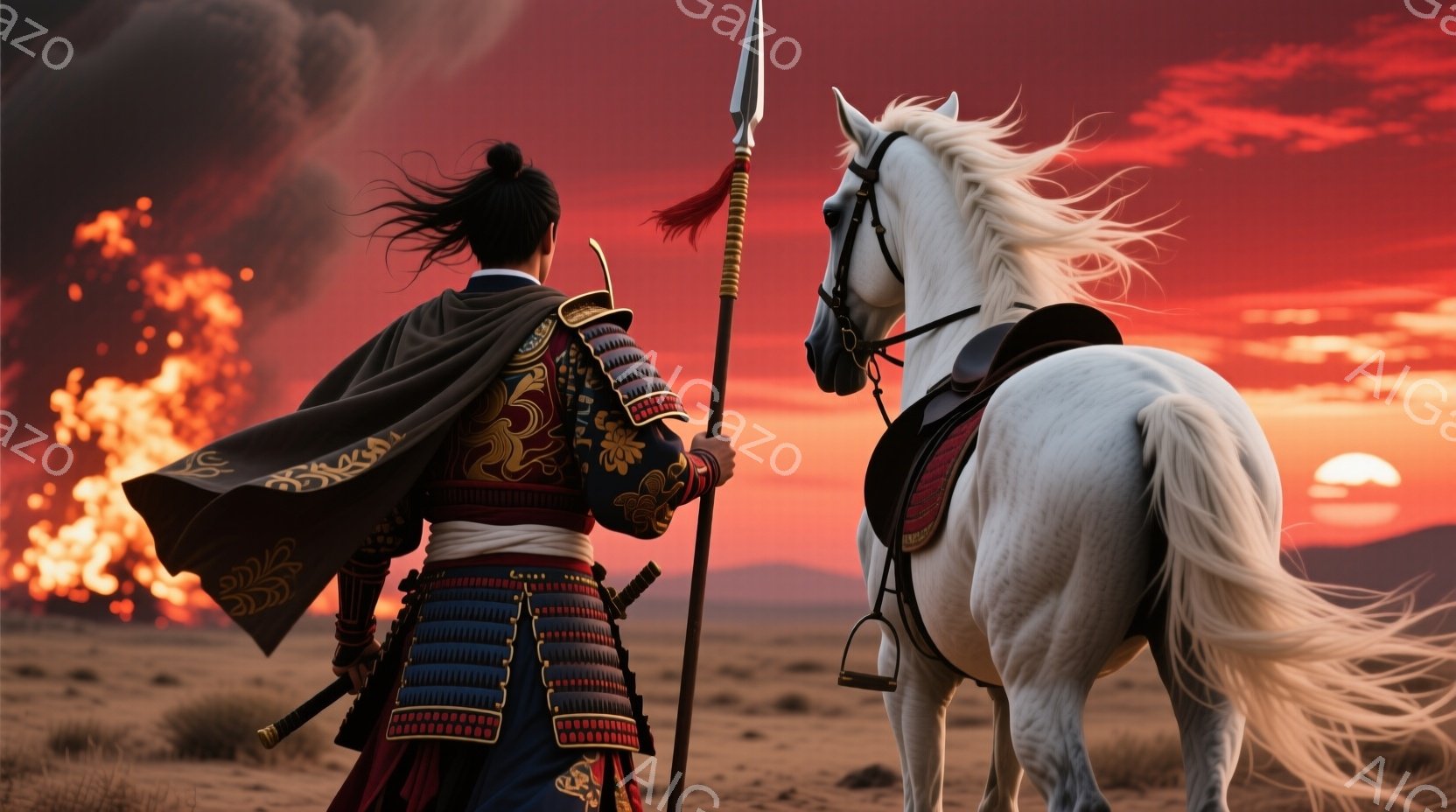 鮮やかな緋色の夕焼けを背景に、甲冑を身につけた武者が白馬と共に砂漠に立っている。武者は黒髪を後ろで束ね、赤い装飾が施された豪華な鎧を着用し、手に槍を持っている。白馬はたてがみをなびかせ、力強く前を見据え、燃え盛る炎が遠くに見える荒涼とした風景の中に、力強いシルエットを描いている。