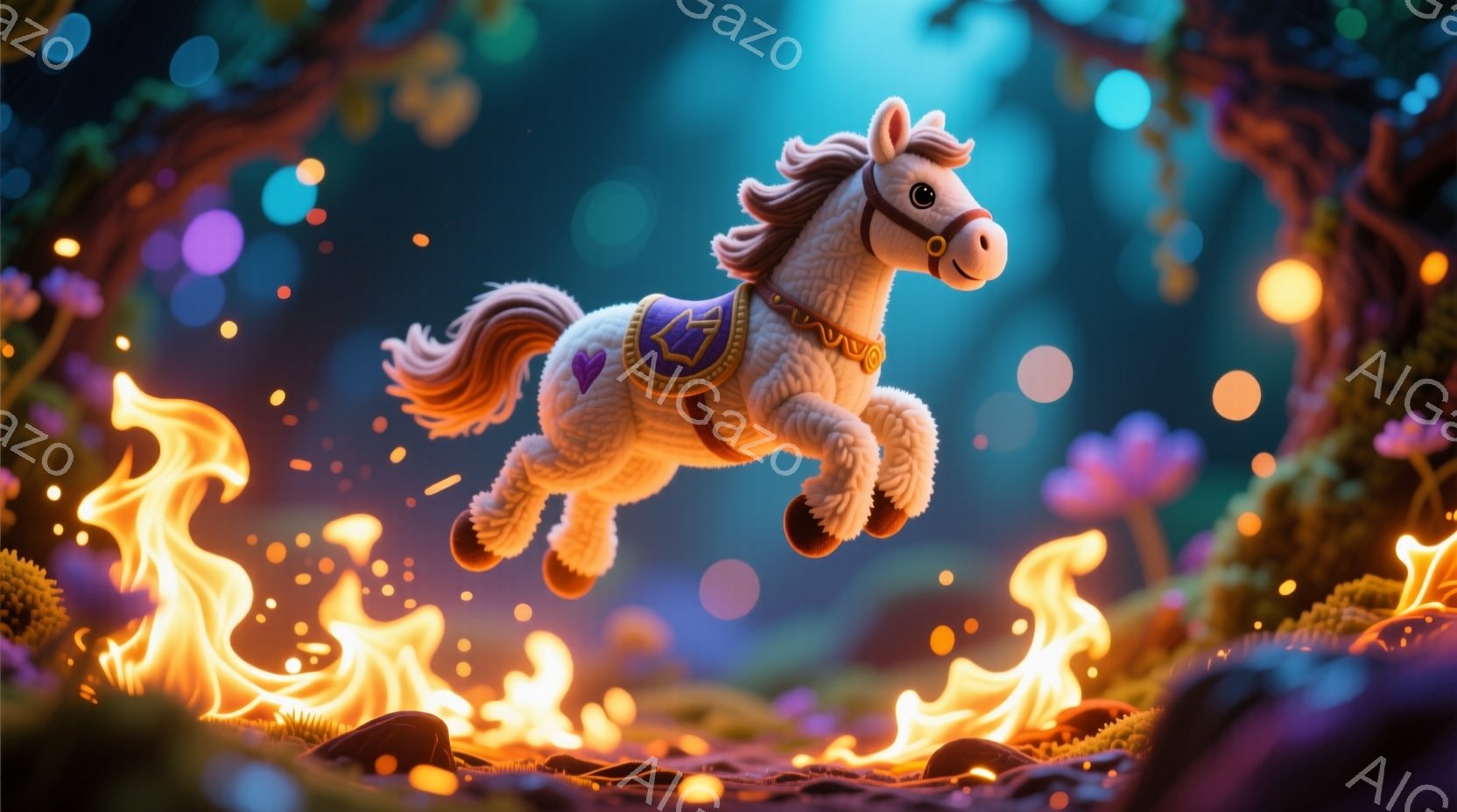 白くふわふわとした毛並みの馬が、紫と緑の草の上に飛び跳ねています。馬は華やかな装飾が施された鞍を背負い、燃え盛る炎の軌跡を残しながら疾走しています。背景にはぼやけた植物や光の粒子があり、幻想的で活気に - AI生成フリー素材