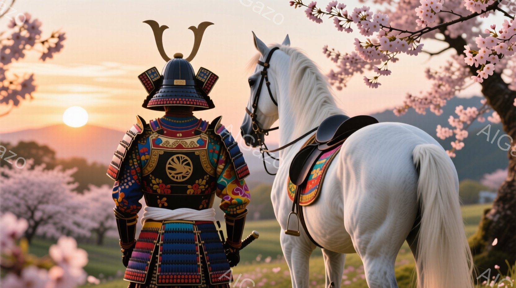 鎧を身に着けた武士が、白馬と共に桜並木の風景の中に立っている。武士の鎧は濃い青色を基調とし、金色の装飾が施されており、背中には家紋が描かれている。背景には夕焼け空と、満開の桜が広がり、荘厳かつ美しい雰 - AI生成フリー素材