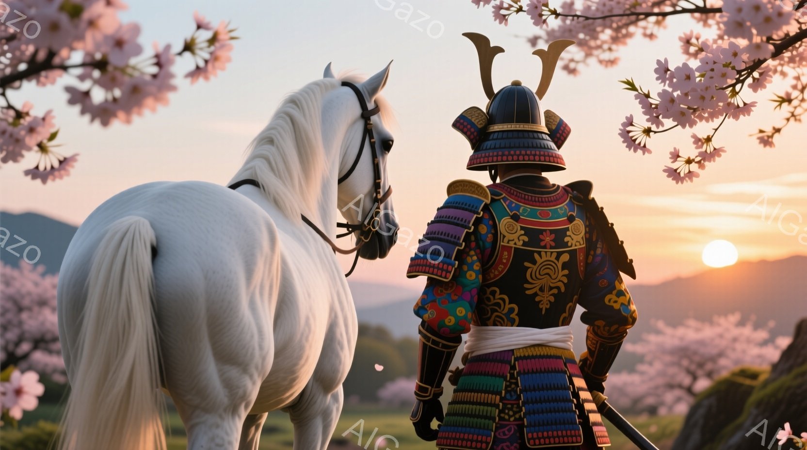 白い馬が桜並木を背景に佇み、黒い鎧を身に着けた武士がその隣に立っている。鎧は鮮やかな色で装飾されており、複雑な模様が施されている。夕焼け空の下、桜の花びらが舞い散る中、武士と馬は静かに佇み、厳粛で美し - AI生成フリー素材