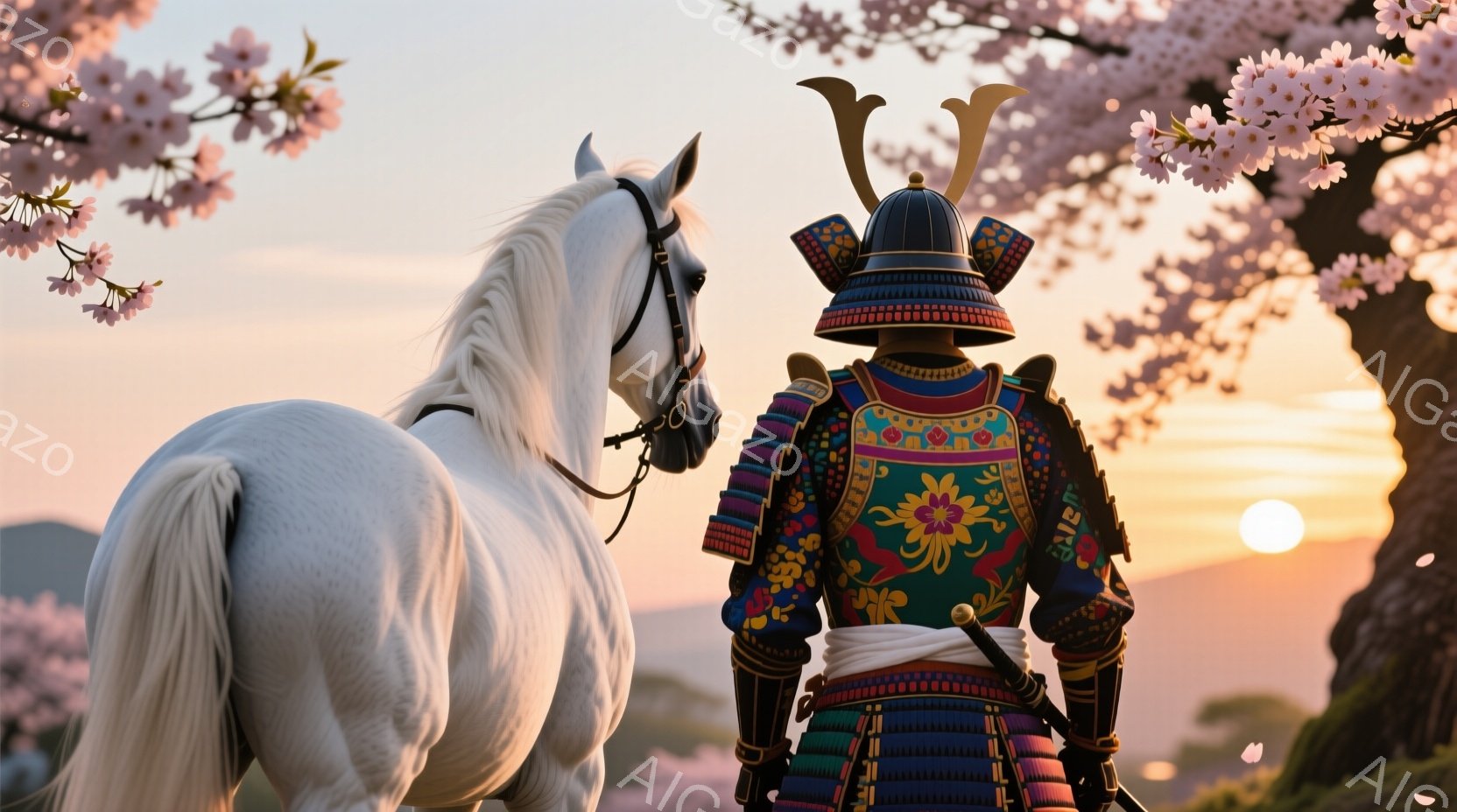 白い馬が右側に配置され、背景には桜が咲き乱れる風景が広がっています。武士は鮮やかな緑と金色の鎧を身につけ、兜には特徴的な角飾りをつけています。夕焼け空の下、桜並木が武士と馬を美しく照らし出し、力強く、荘厳な雰囲気を醸し出しています。