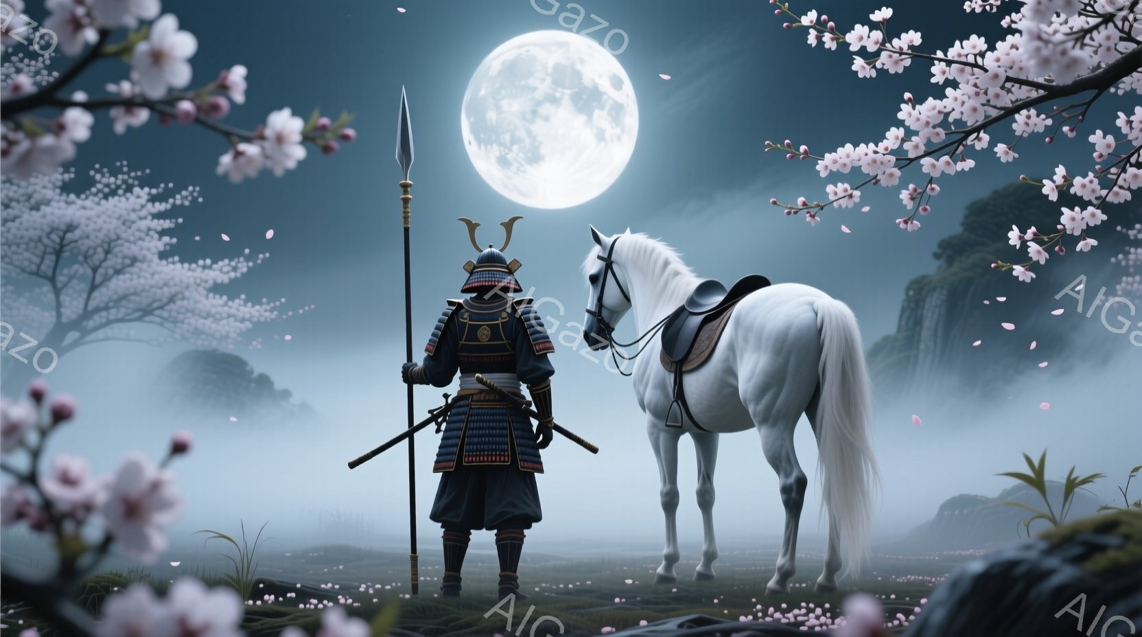 鎧を身に着けた武士が、槍を手に、静かに佇んでいます。彼の後ろには白馬がおり、共に薄暗い霧に包まれた草原に立っています。背景には山々と、満月が輝き、桜の花びらが舞い散る幻想的な雰囲気を醸し出しています。 - AI生成フリー素材