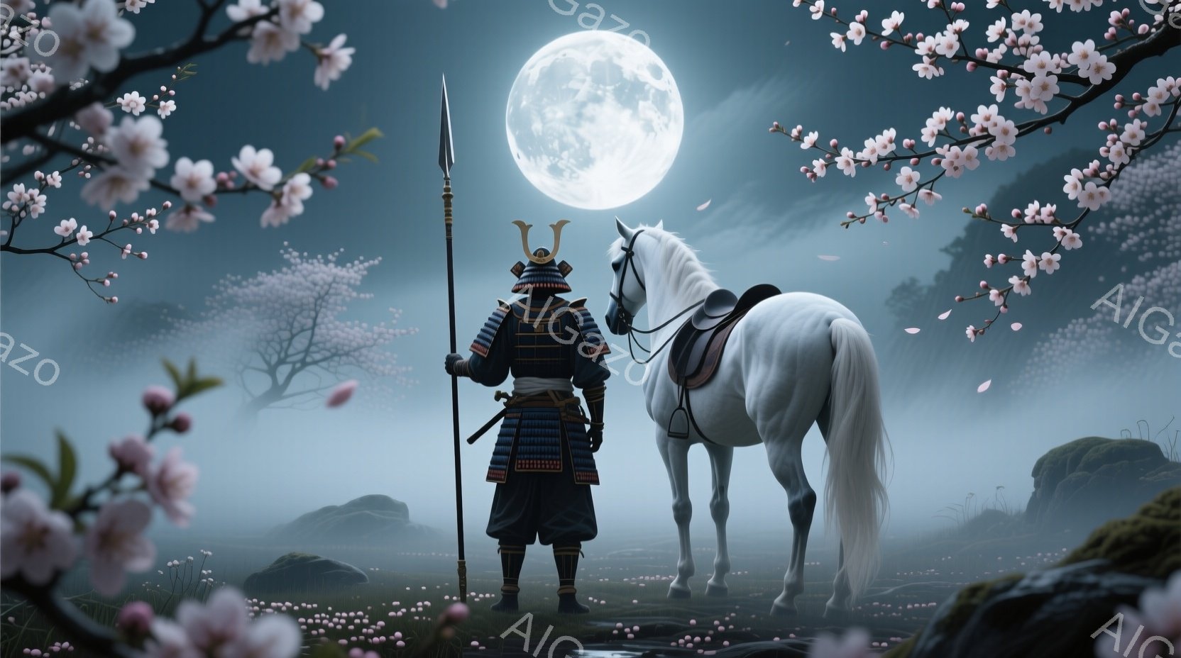 青い鎧と黒い鉢巻きを身につけた武士が、槍を手に背筋を伸ばして立っている。背景には霧に包まれた桜の園が広がり、満月が幻想的な光を放っている。桜の花びらが舞い散り、静かで神秘的な雰囲気を醸し出している。 - AI生成フリー素材
