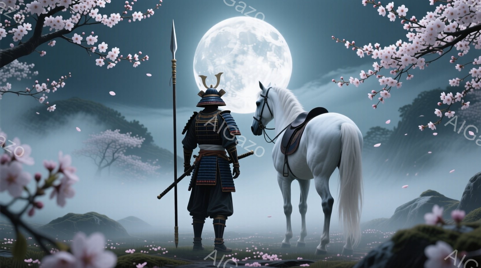 白い馬が月明かりの下、桜の花びらが舞う野原に佇んでいる。甲冑を身につけた武士は背を向け、馬の隣に立ち、静かに夜の景色を見守っている。背景には山々が薄暗く浮かび上がり、幻想的で神秘的な雰囲気を醸し出して - AI生成フリー素材